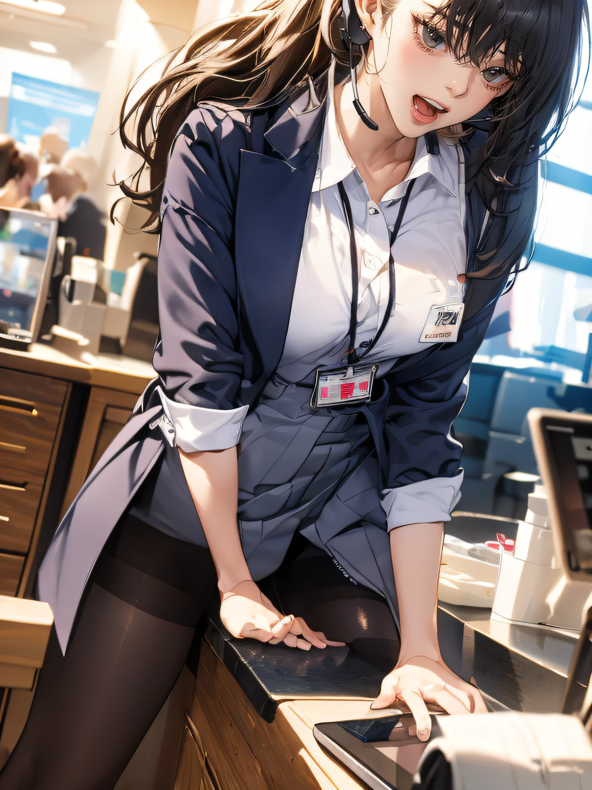 clerk uniform, name plate, ID card, having tablet, ear monitor, headset mic, (whole body), pantyhose, pubic hair, close up crotch, lean to hit her crotch on counter edge, open mouth, masturbation, ecstasy face, in the mall,