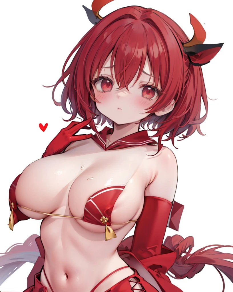 1个Giant Breast Girl,Alone, Large breasts, Red sailor collar, breast curtains, reddress, gloves on the elbow, Clothing Tsubaki,
Permanent,cow boy shot,hand on her own chest,
Be red in the face,Embarrassing, Frown slightly,Digest,Open your lips,hair pin,
