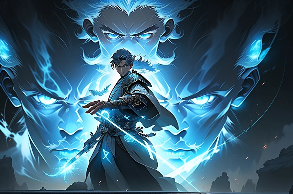 Chinese mythology,Girl Warrior,(Wide robe),(the space),(He stood in front of a huge transparent blue light god general。。。。。。。。。。:1.4),(cleanness:1.4),Angry eyes,blue colors,stretch out your hands,swords drawn,The background is the South Heavenly Gate,dingdall effect,glowing effect,anime art style,Romantic graffiti,meticuloso,realism popular, New Fauvist style,knoling,8K,tmasterpiece,ultradetailed,Best quality,8K,tmasterpiece,Works of masters,Detailed pubic hair,Accurate,epic shooting,(Simian:1.5)