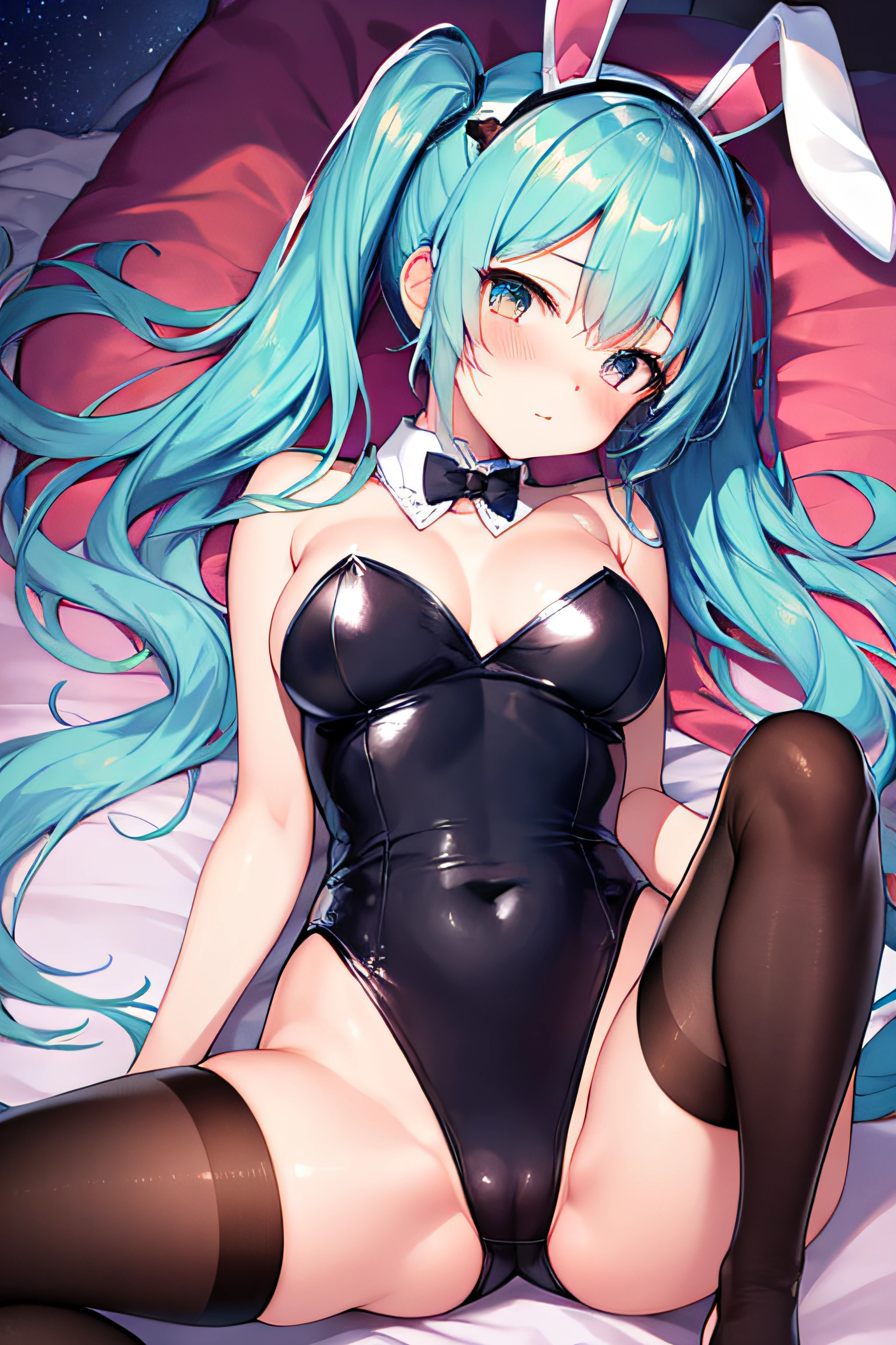 ​masterpiece、Top image quality、超A high resolution、miku hatsune、blue hairs、Twin-tailed、Blushing、Cute and shy、Bunny Girl Costume、Wearing a rabbit ear headgear、firm breasts、well-shaped breasts、spread your legs wide、M-shaped spread legs、Women's Tights、Lying face down in bed、Bedroom、Night