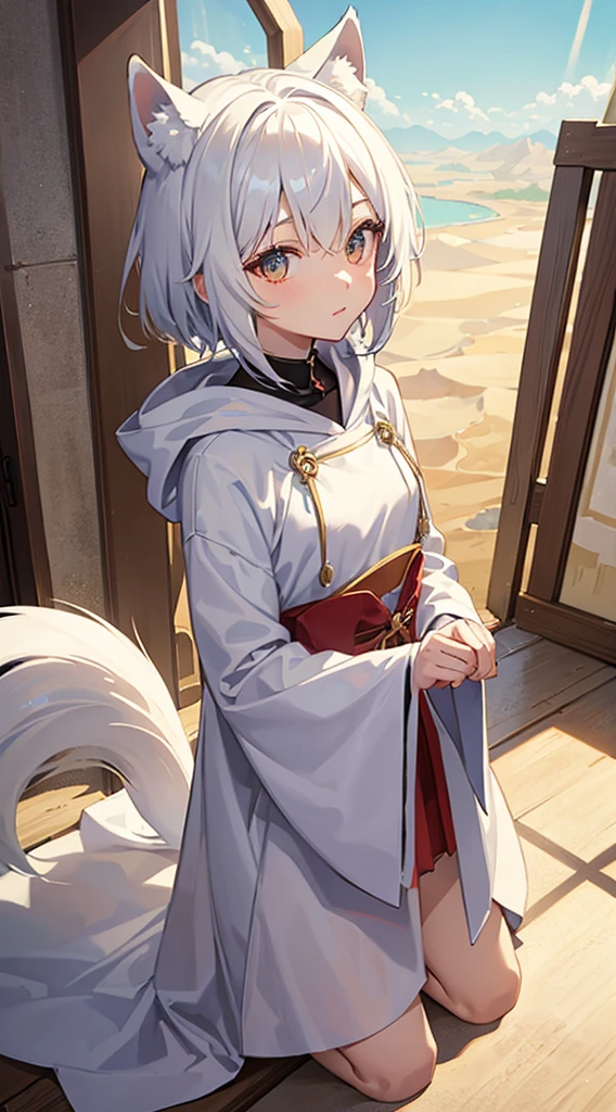 ((masterpiece))、top-quality、((A desert))、Fox Girl、s girl、White hair、big tail、fluffy tail、kawaii、Beautiful skin、Amber eyes、hightquality、8K,wall-paper、shorth hair、short-cut、Hair to the shoulders、Drying、(long robe)、Vast desert、Strong sunshine、hoods、voyage