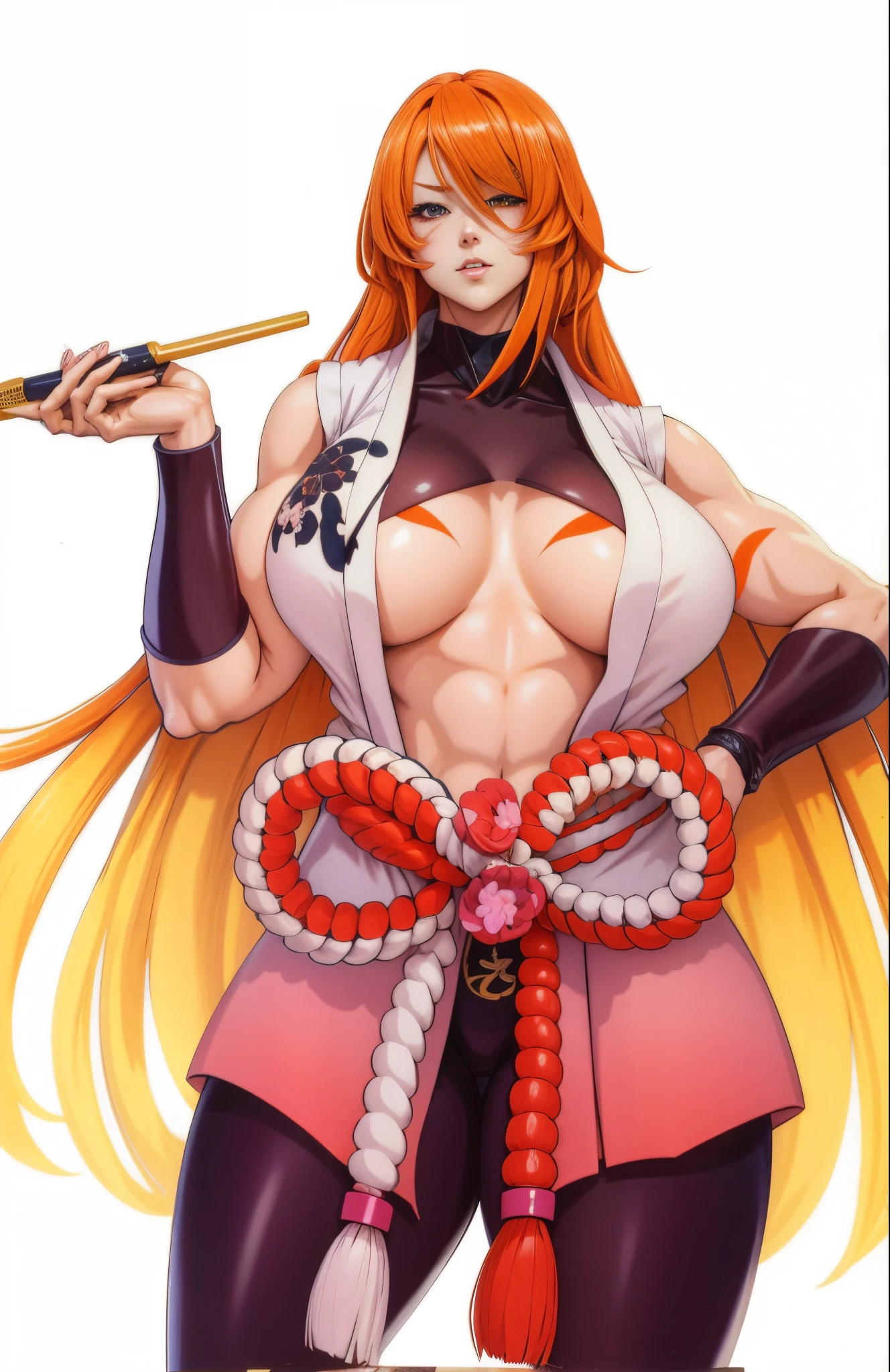 anime girl musclée en kimono ouvert avec de longs cheveux orange, 32K Ultra HD