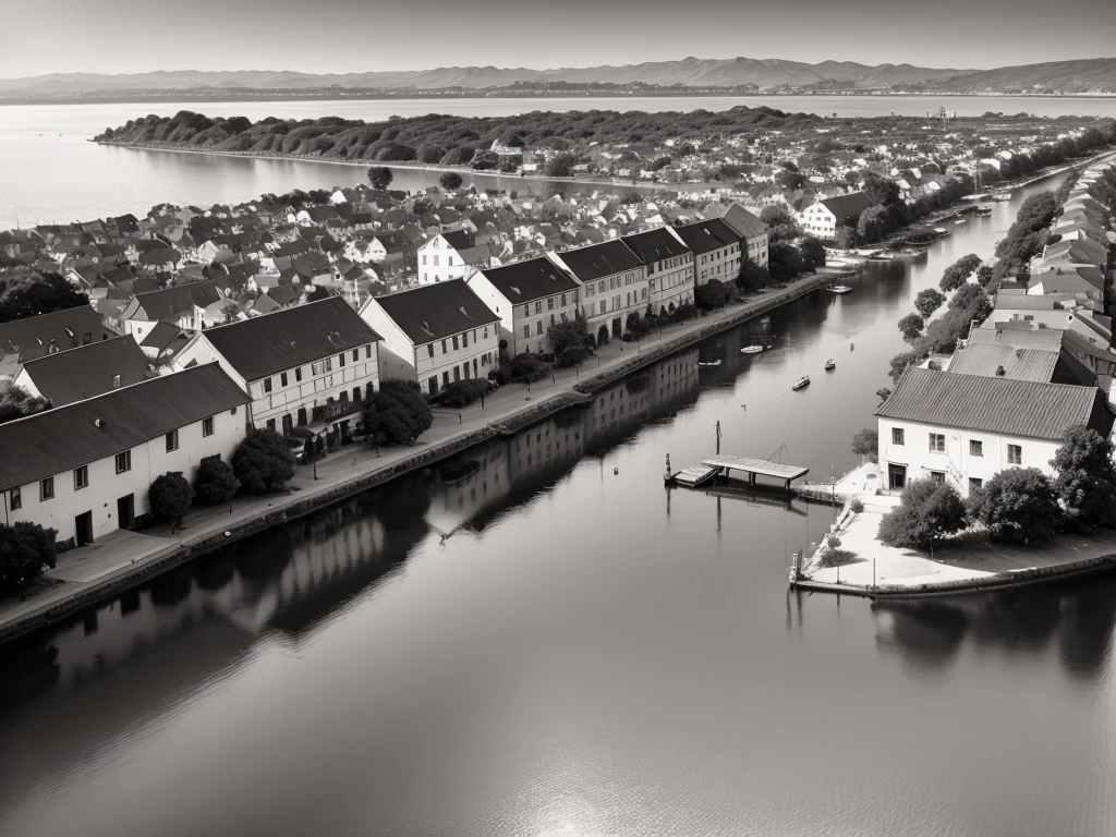 A black and white aerial view of a small 1940s US village with a lake in the middle, cutulho callhistorical photography, Rua da Era Colonial, historical image, salvador, taken in the early 1910s, taken in the early 1920s, early 2nd century 0, early 1 9 0 0's, Fotografia de 1910