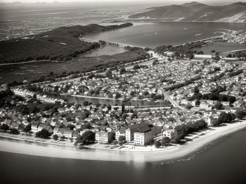 A black and white aerial view of a small 1940s US village with a lake in the middle, cutulho callhistorical photography, Rua da Era Colonial, historical image, salvador, taken in the early 1910s, taken in the early 1920s, early 2nd century 0, early 1 9 0 0's, Fotografia de 1910
