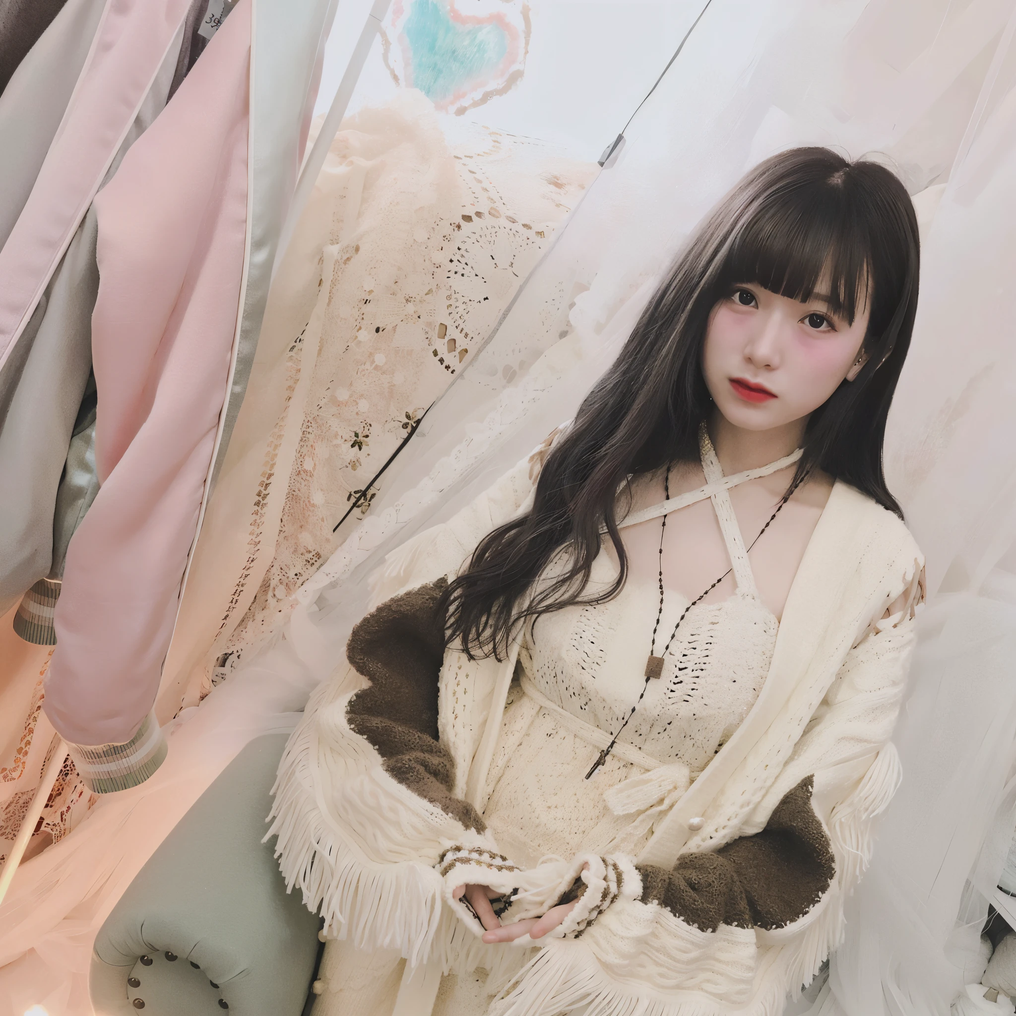 Alafi sitting on a chair in a room with white curtains, shikamimi, ulzzangs, ((wearing aristocrat robe)), pale and coloured kimono, sakimichan, by Ayami Kojima, white hime cut hairstyle, kemonomimi, in a kimono, Shiori Teshirogi, pale snow-white skin