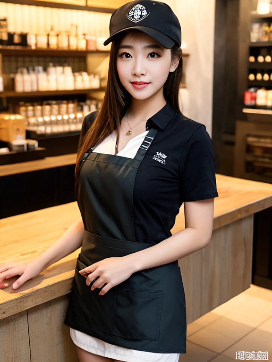 8K, top-quality, （Pubic hair beauty）、hight resolution, 逼真, realperson, Beautiful girl working at a Starbucks workbench，Short Green Apron，Black Slim Shirt，Black Baseball Cap，，hyper realstic，barechested、NAKED Apron、Wearing a apron、full body Esbian、Colossal tits、Chest Valley、beauty legs