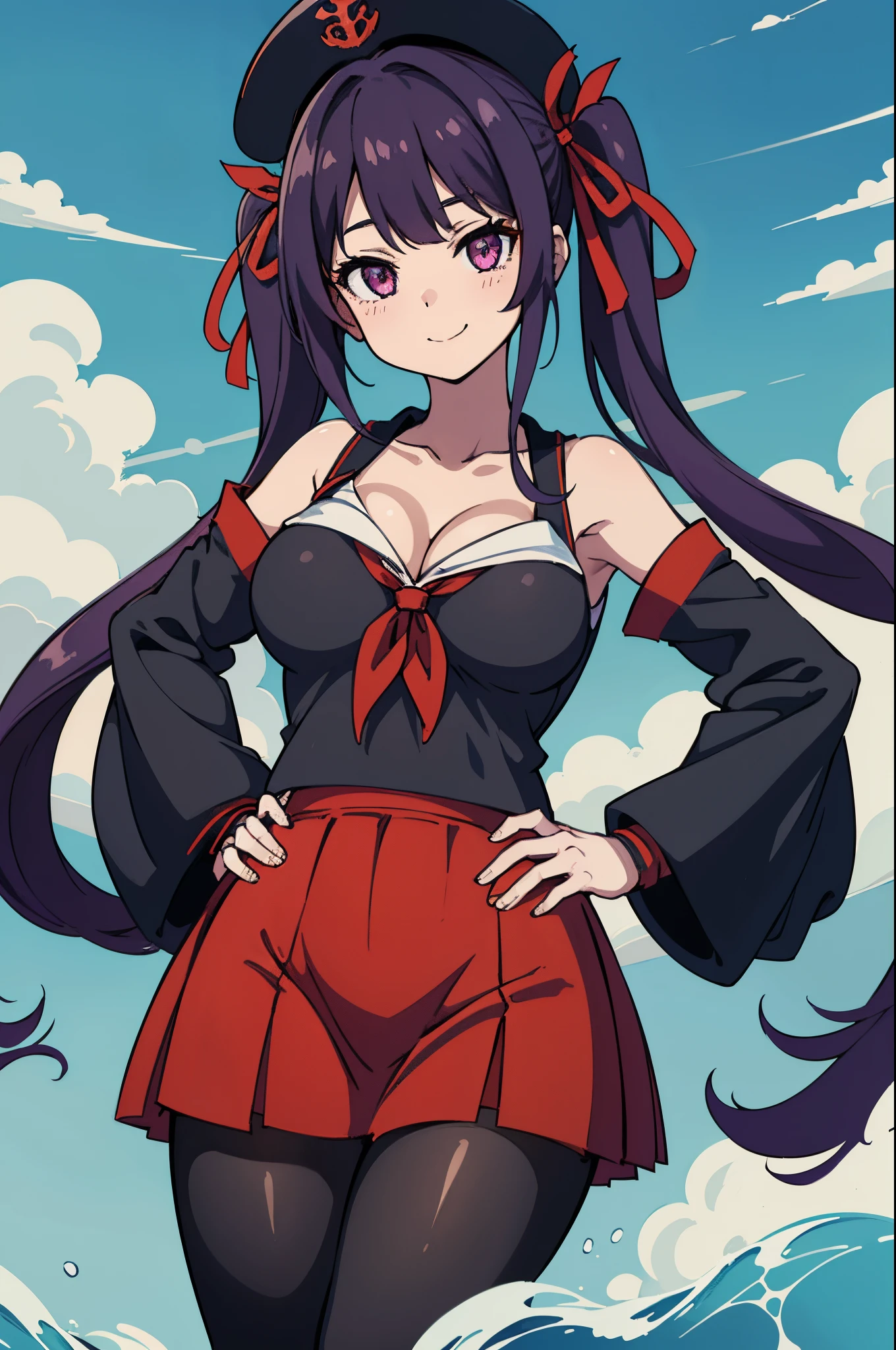 ８K、Best Quality、独奏、aboard、a beauty girl、delicated face、a smile、Long pigtails、Purple hair、Crimson eyes、cleavage of the breast、Colossal tits:1.8、big butts:5.5、big breasts thin waist、Beautiful constriction、shinny skin、、Black tights、black sailor hat with red ribbon、Black sailor suit、a black skirt、Black long tights