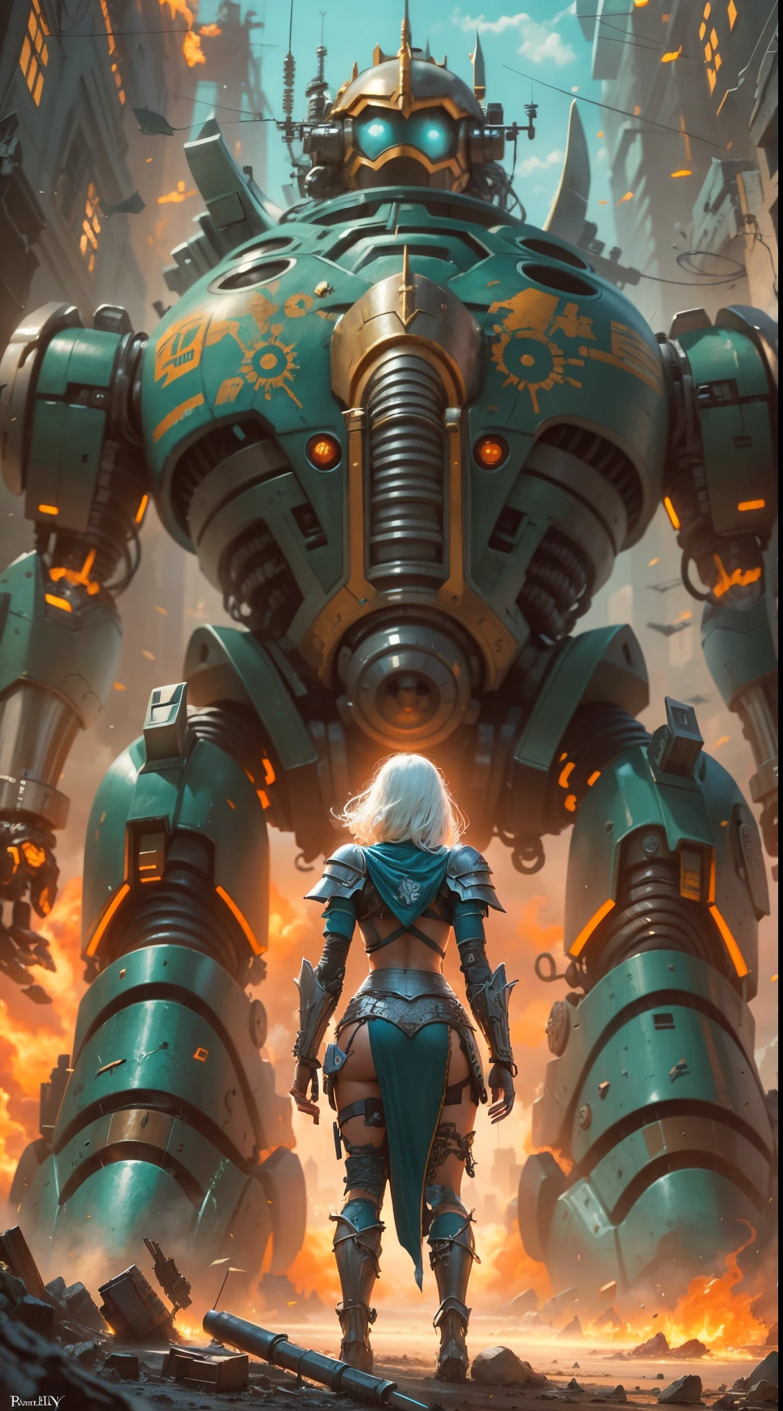 There was a woman standing in front of a giant robot, Inspired by Ken Kelly, epic album cover, Imogen Poots as Paladin, Vibrant Colors by Ralph Horsley, mighty princess of the wasteland, Skynet, intricate biopunk patterns, Queen of Warriors, Krull