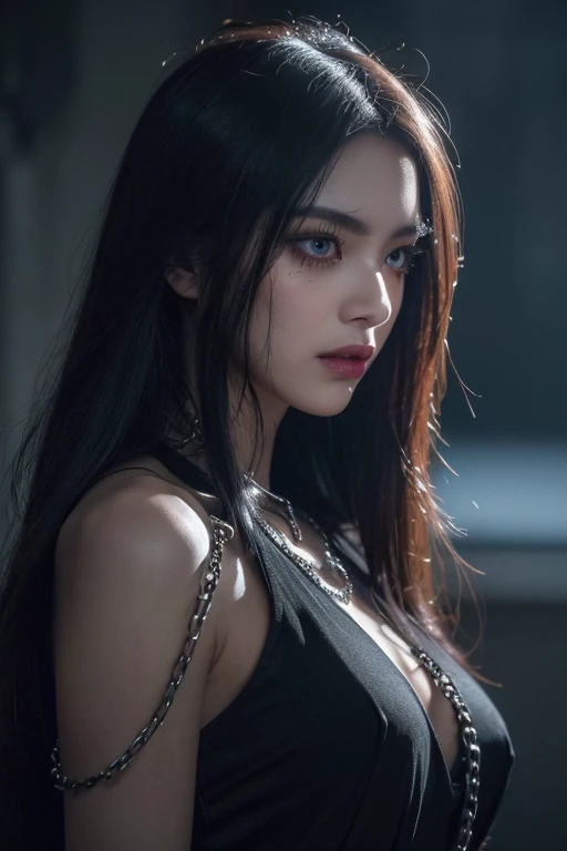 (beautiful detailed eyes,beautiful detailed lips,half of the face covered with a mask,scratches on the other half of the face,slim face,long eyelashes,1 girl,feet chained,dress in vibrant colors,a demon lurking behind,expressive emotions,sinister lighting,gloomy atmosphere,dark color tone,sinister atmosphere,rough texture,lingering presence,solemn mood,chains rattling in the background,mask on the face)。
(best quality,4k,8k,highres,masterpiece:1.2),ultra-detailed,(realistic,photorealistic,photo-realistic:1.37),HDR,UHD,studio lighting,ultra-fine painting,sharp focus,physically-based rendering,extreme detail description,professional,vivid colors,bokeh,portraits,horror