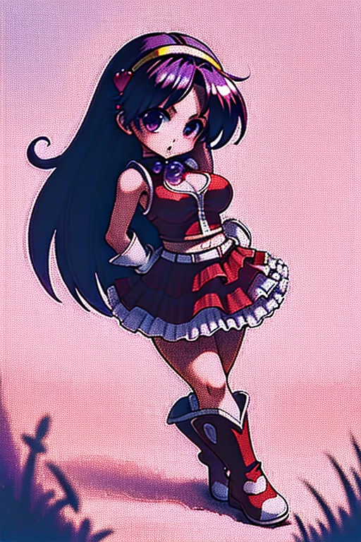 (masterpiece), (best quality), (ultra-detailed), intricate detail, athena97, 1girl, solo, purple eyes, purple hair, long hair, white earrings, yellow hairband, red heart ornament, medium breats, red vest, white turtleneck, white puffy sleeves, red pleated skirt,purple sphere shape necklace, white fingerless gloves, white socks, red boots, cleavage cutout BREAK (white panties), serious, fighting stance