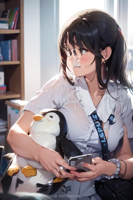  girl holding a penguin stuff toy