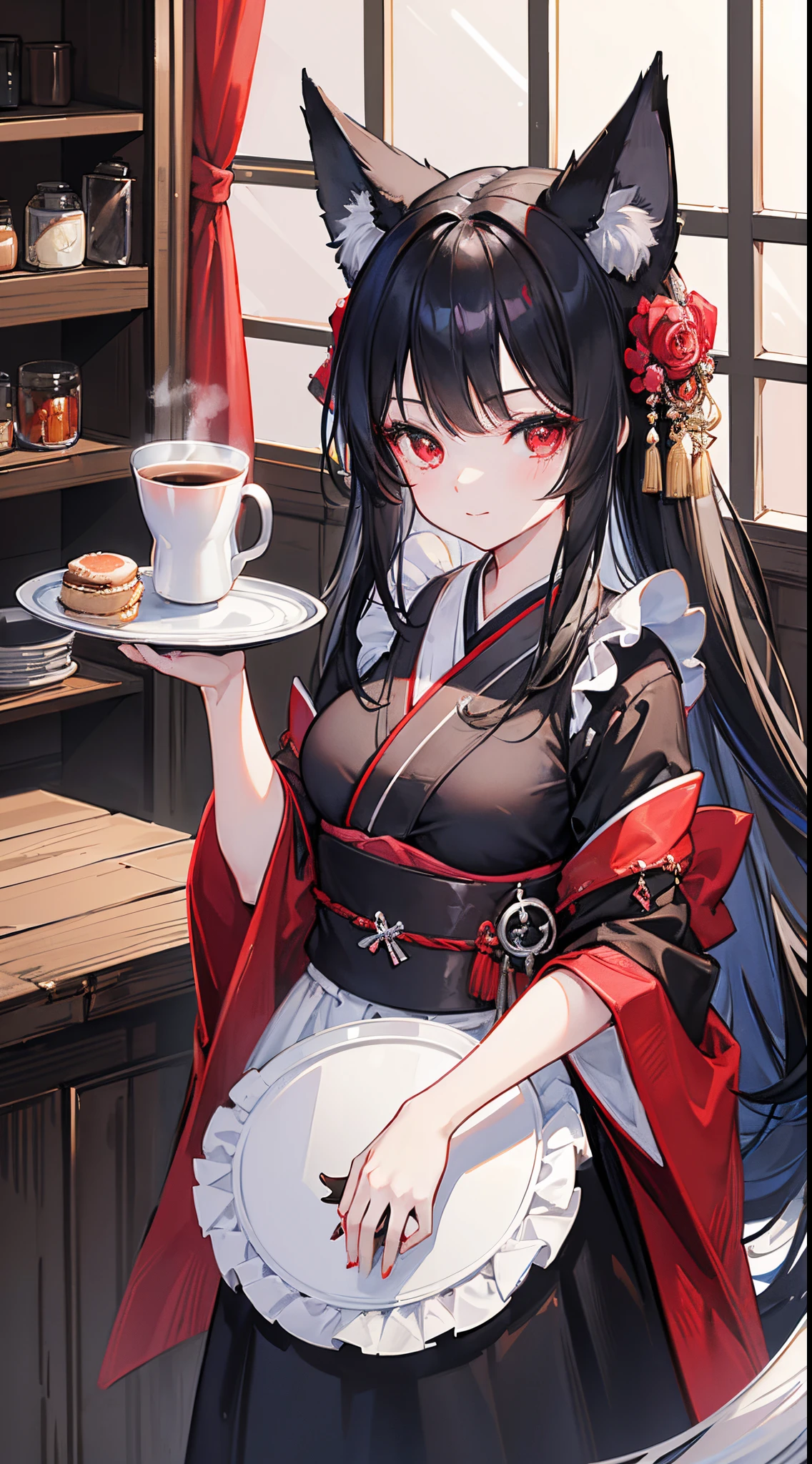 (8K、Top image quality、top-quality、​masterpiece)、1 girl in、Black hair long hair、Fox ears、red eyes、A slight smil、Moderately breasts、black kimono maid、white gloves、cowboy  shot、holding a silver tray、Coffee shop background
