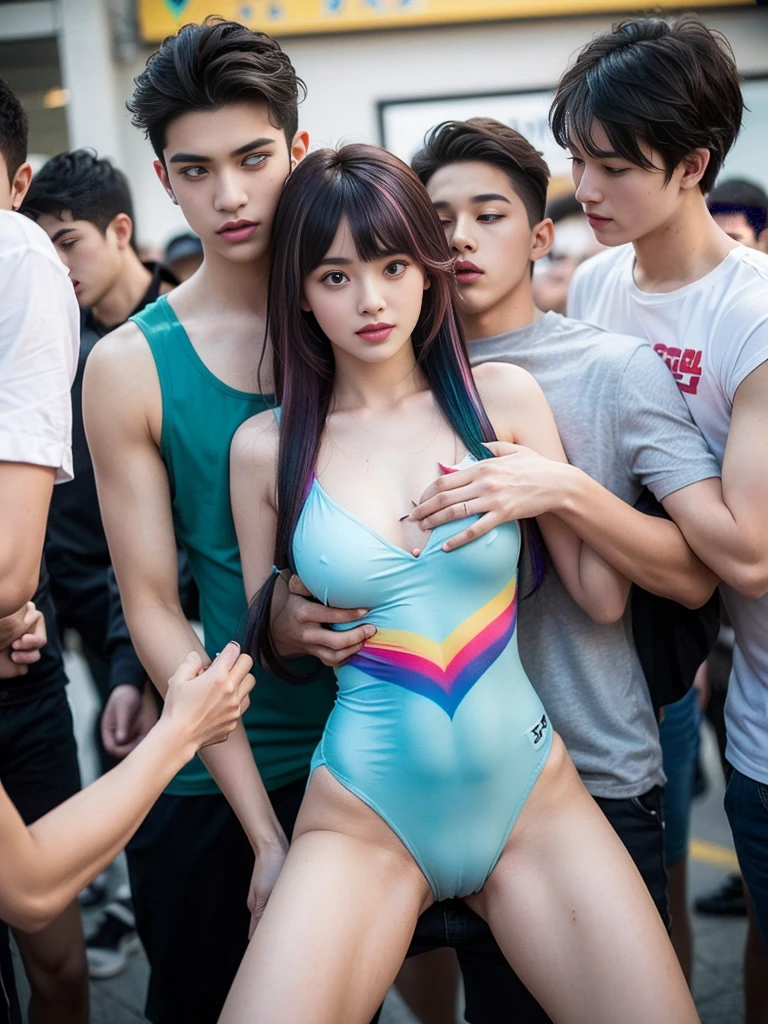 (sexual harassment,Chest grabbing,A group of boys surround a girl with flat-chested,A girl with flat-chested is teased by boys,boy harem:1.7),(The only girl,Her breasts are very flat,Gyaru,Showing her crotch to the audience,spread their legs,random Seductive pose,Extremely flat chest,A seductive smile),(Stylish hairstyle,Design intricate hairstyles,Hair of many colors,random color hair,Cute hairstyle,Multi-colored hair,Rainbow color pick-dye,Asymmetrical hairstyle,Thick bangs),(Women's Competition One-Piece Swimsuit)