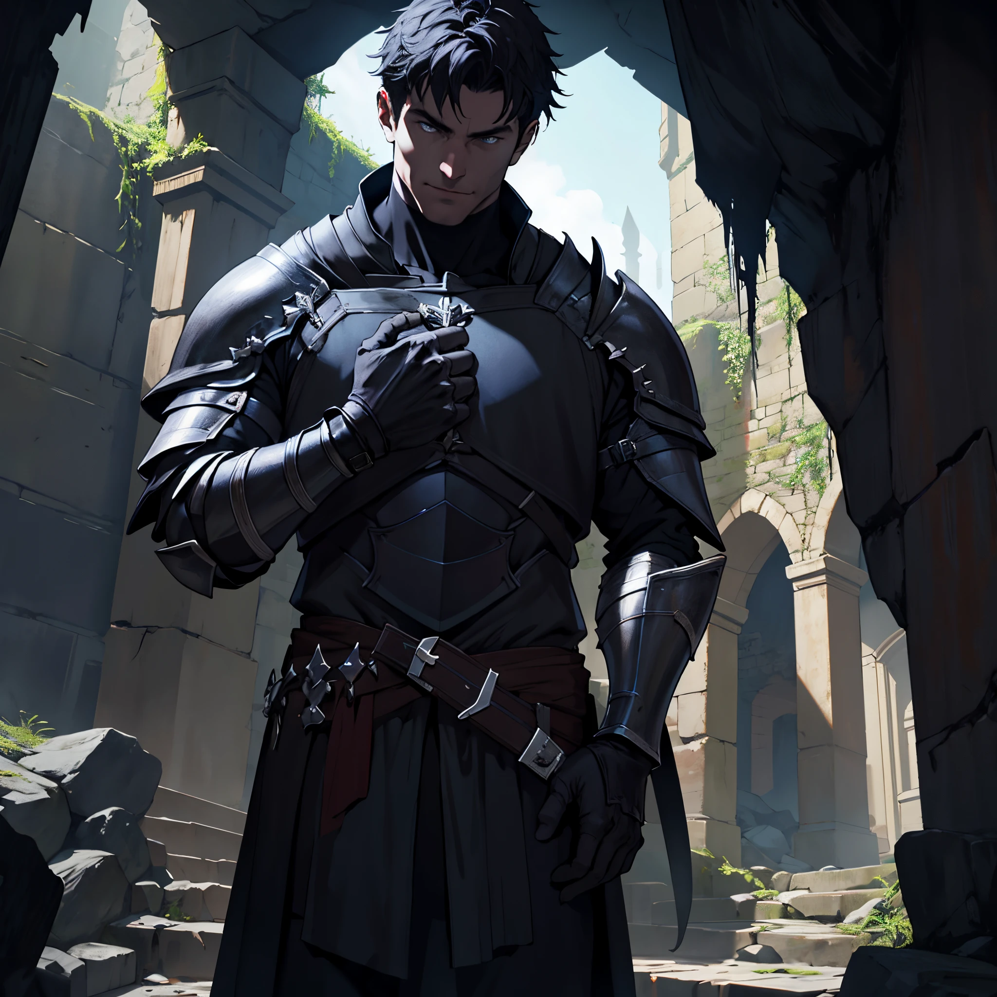 masterpiece,Best Quality, detailed,close-up, 4k, Cinematics, Background with:Stairs inside a dark cave inside a medieval castle, A knight wearing black bat-shaped armor(patterson), No bat snap