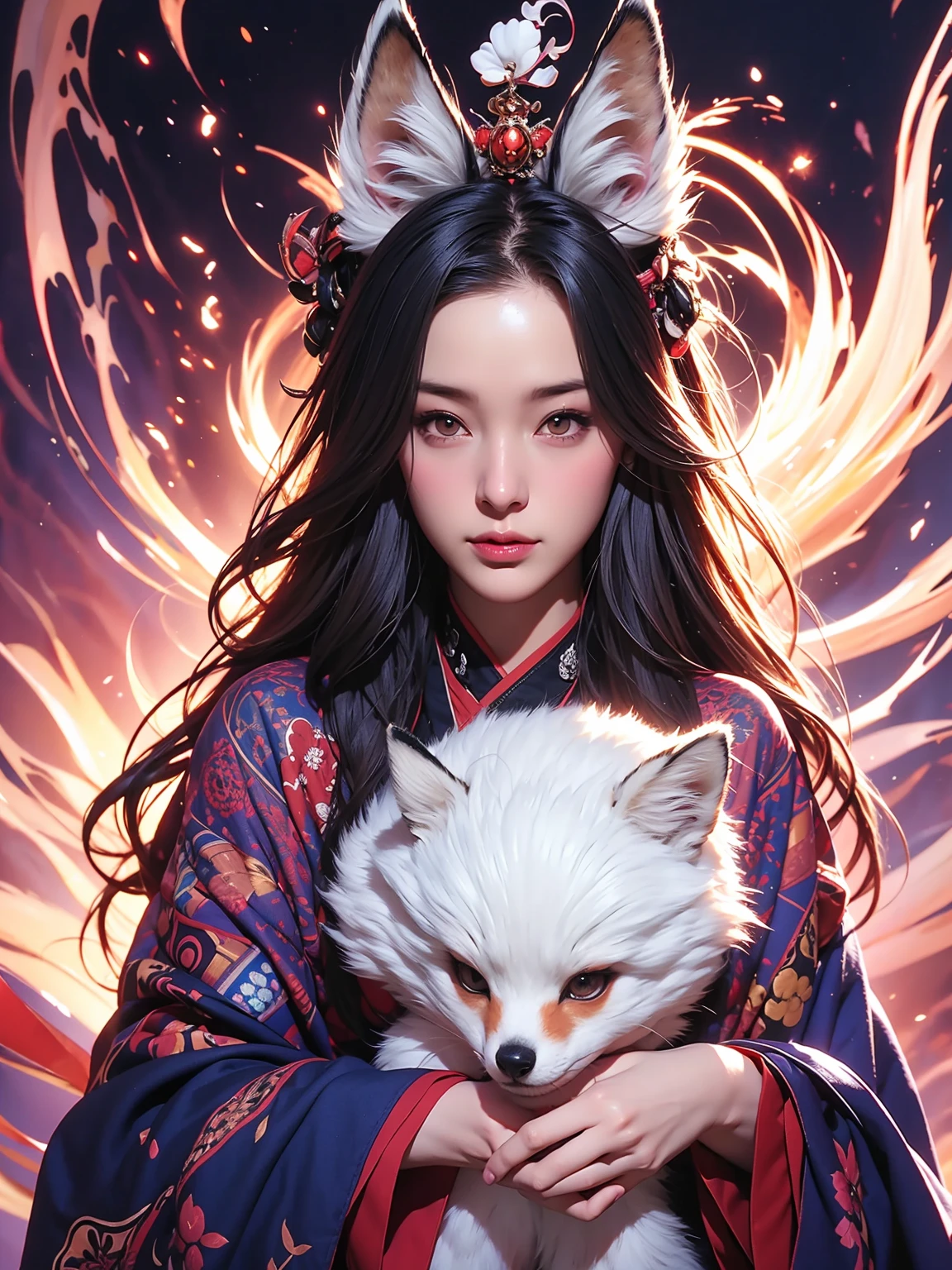 1girl in,Solo,, Official art, Unity 8k壁纸, ultra-detailliert, Beautiful and aesthetic, Beautiful, masutepiece, Best Quality,, Foxwich, Fox Mask, Haori jacket, Foxfire spells, Fox familiar, transformational,