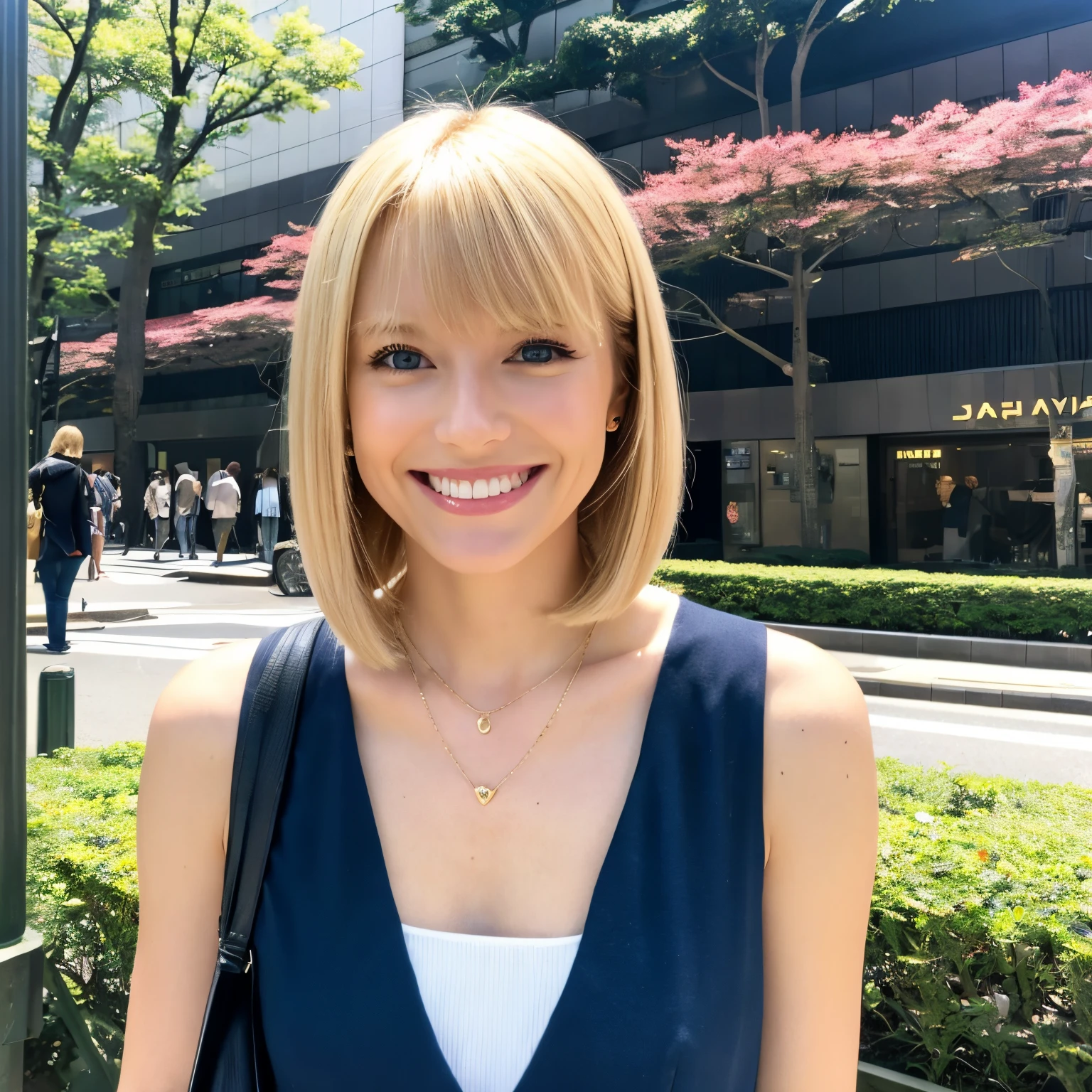 American woman sightseeing in Tokyo、a blond、bob cuts、a smile