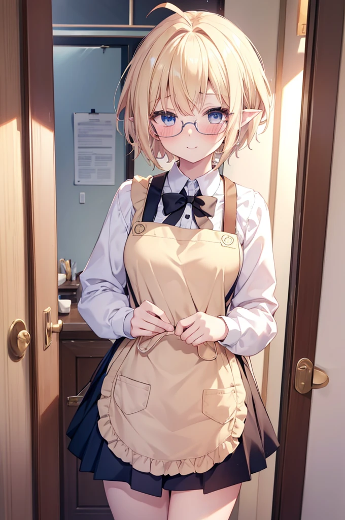 ultra detailed, best quality, high resolution, ((8k)), ((1girl)), pale skin, petite, (blonde hair), (very short hair), (ahoge:1.3), (glasses), pointy ears, (blush:1.3), blue eyes, medium breasts, smile, school uniform, put on an animal apron, open the door, cowboy shot