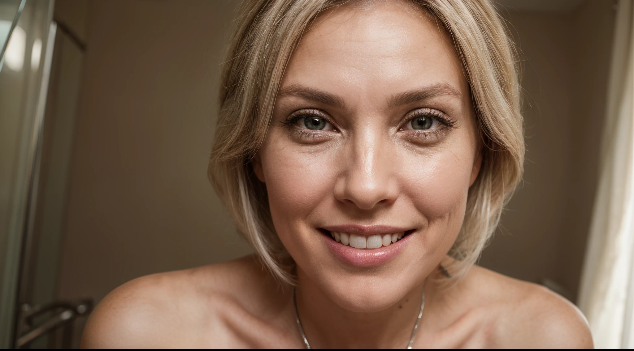 A beautiful woman in her forties is staring at the camera and smiling. She has bright skin and silver blonde hair, a little tall and bony face, long and beautiful lips, a nose that fits the face and beautiful and clean teeth. She has pink skin without wrinkles, 50 mm lens, long shot plan, Doreen Hasselblad, 8k,
