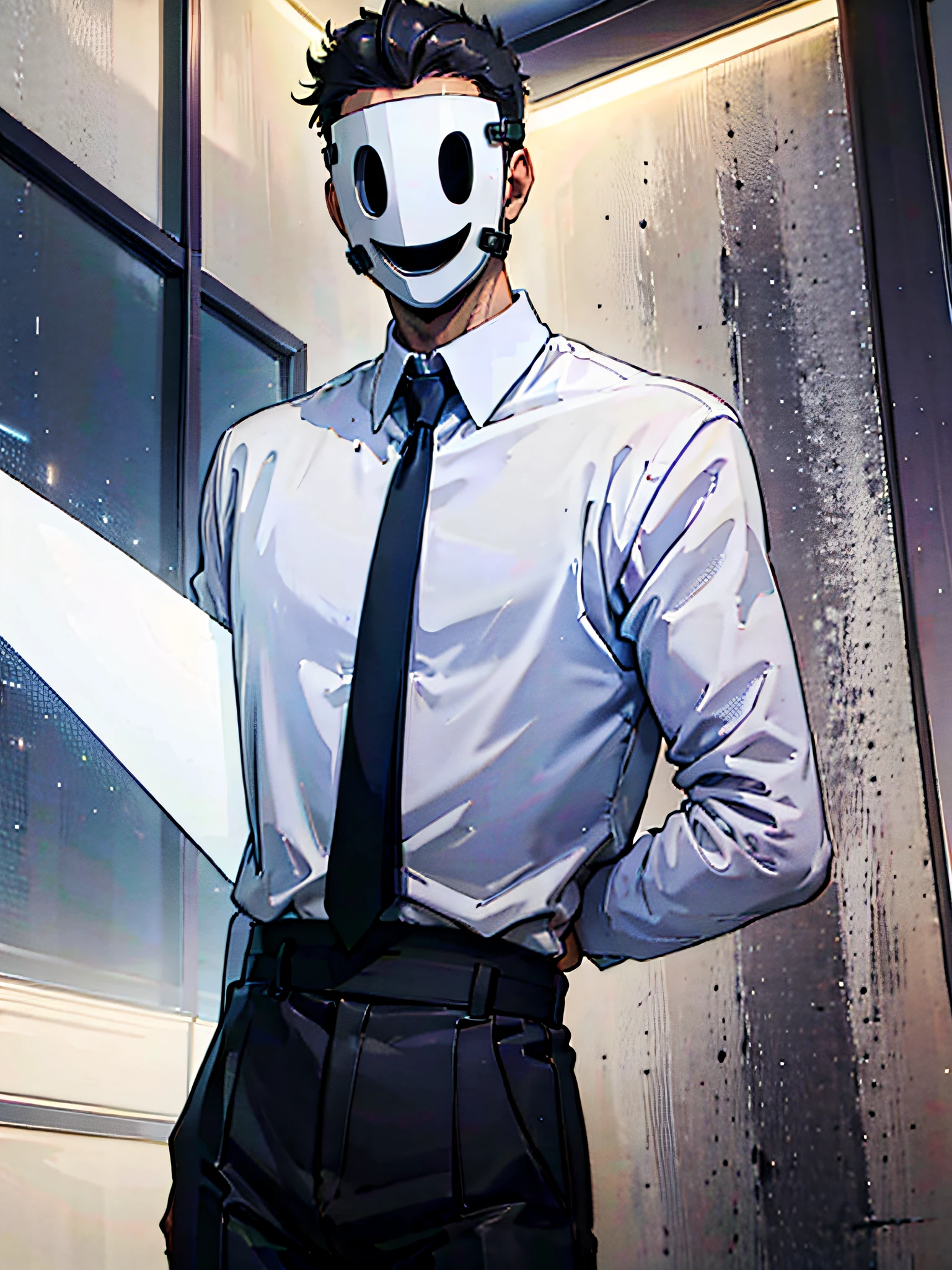 1man, a tall guy, middle aged man with light skin and taupe hair, black face mask, purple long-sleeved dress shirt, black tie, high res, very detailed hands that are not deformed or warped, ultrasharp, 8K, ((masterpiece))