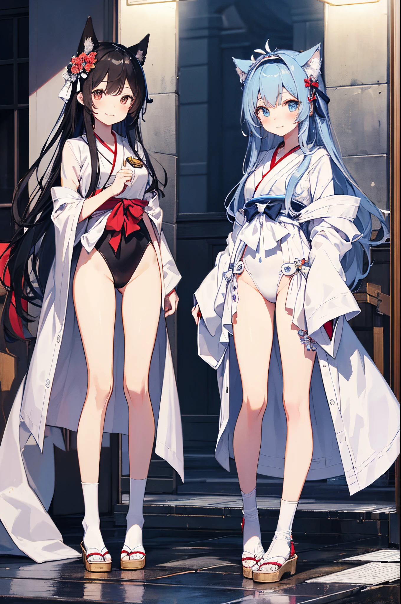 ((2D beautiful girl、top-quality、perfect finger 14、Perfect Anatomy 1.4、extremely delicate and beautiful illustration))、cute it girl、(transform sequence)、Blur the background、((white shrine maiden leotard、red decoration))、14y、a junior l Art、baby-face、((stright long hair))、bful dled eyes、Show your teeth and give your best smile、Full Body Display、(1 persons)、blue open sky、majestic shrine、pretty headband、Canine ears、is standing、