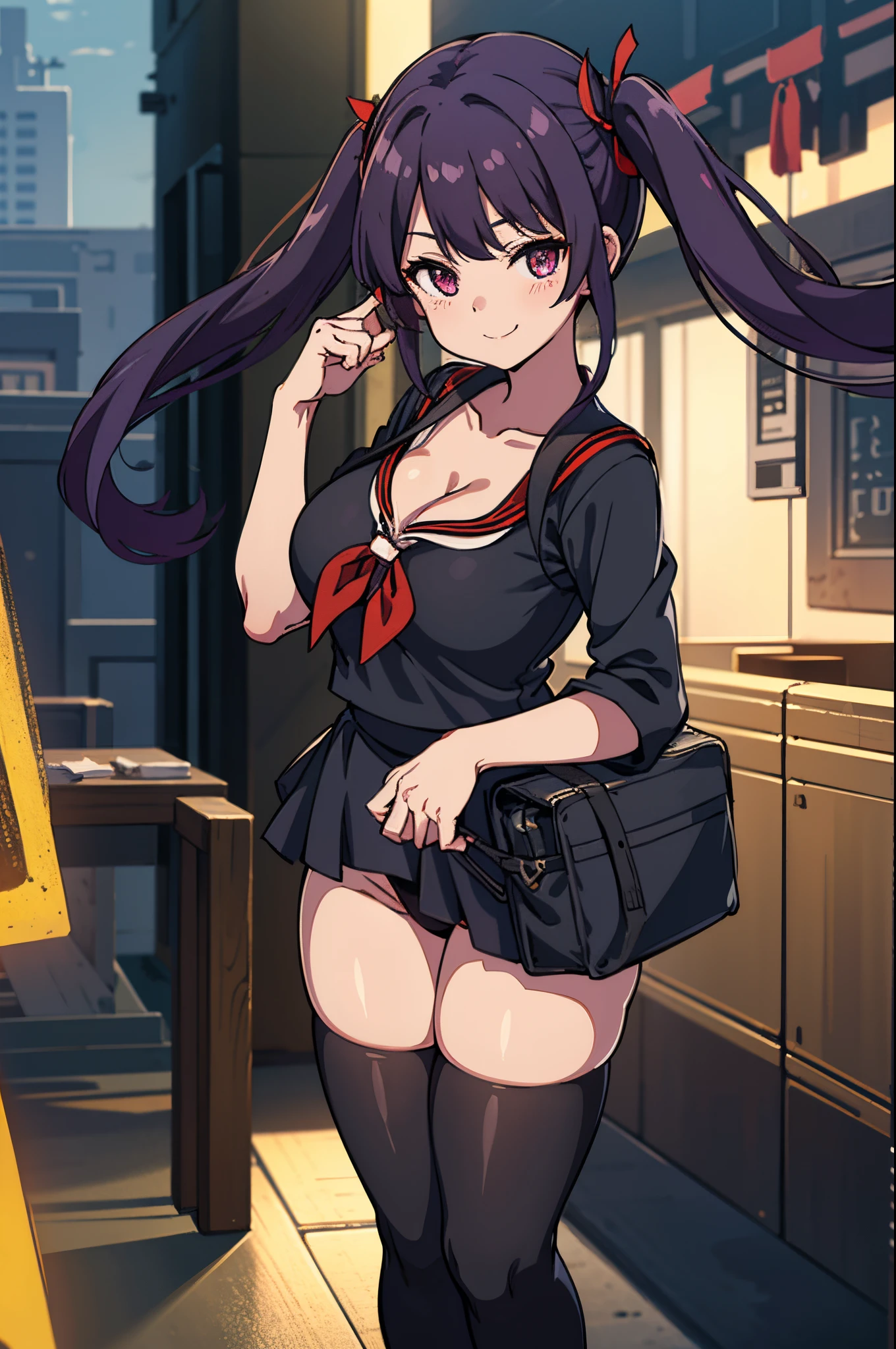 ８K、Best Quality、独奏、aboard、a beauty girl、delicated face、a smile、Long pigtails、Purple hair、Crimson eyes、cleavage of the breast、Colossal tits:1.8、big butts:5.5、big breasts thin waist、Beautiful constriction、shinny skin、、Black tights、black sailor hat with red ribbon、Black sailor suit、a black skirt、Black long tights