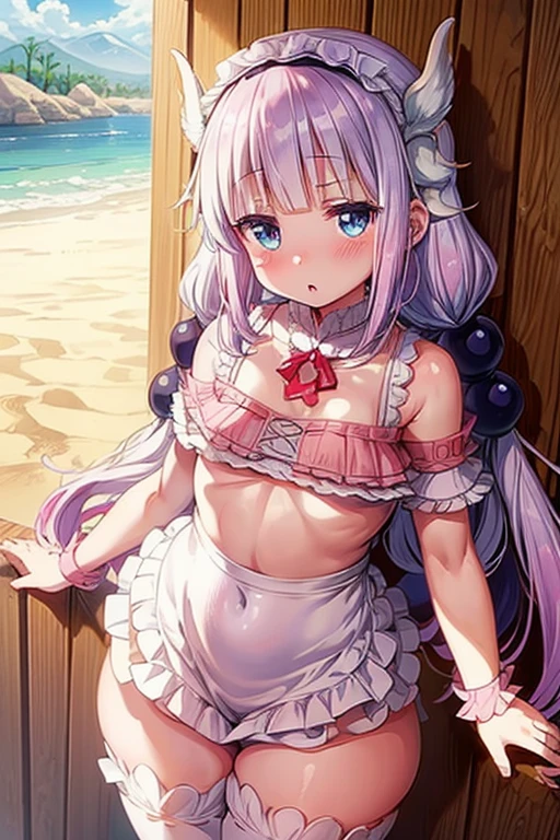 Kanna Kamui maid dragon, nsfw, 1girl, li, colored eyelashes, detailed eyes, detailed face, fantasy, long hair, eyeshadow, flat chest,  wide hips, thick thighs, kanna_kamui standing in a desert dune wearing a white sundress