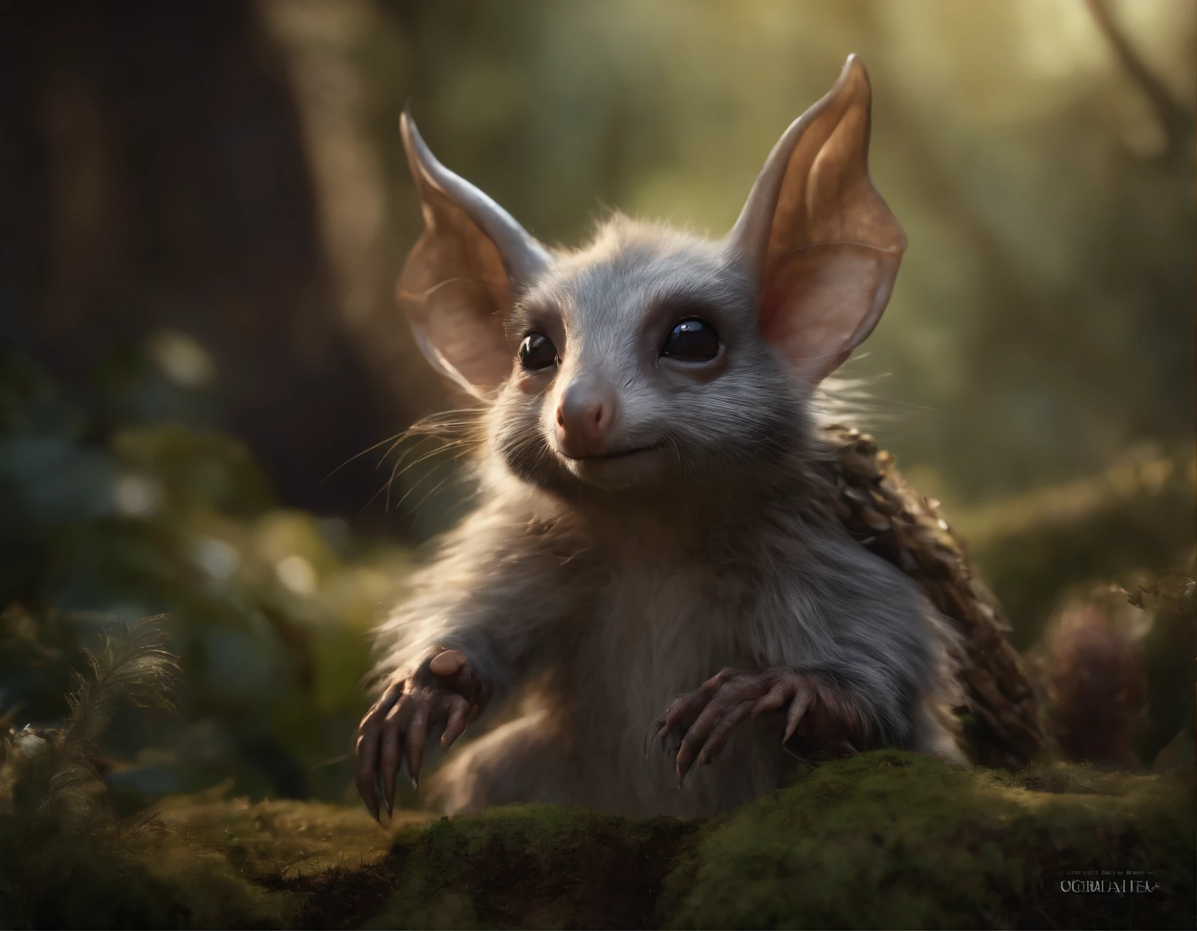 (CBZBB:1.25), ((gremlin),Zhkute, Small, baby, Beautiful, Fantasy art, deviant art, trending artstation, Digital Art, Detailed, Realistic, humanoid, character, tiny, Cinematic shot, cinematic portrait of a mole , gremlin, mole-like, bright silver and brown, long tail, large ears, covered with light silver fur, muzzle sticks out of hole, Best Quality, Masterpiece, in style of dark fantasy art, gremlin, mole-like, light silver fur, long tail, double nose, huge ears, covered with light silver fur,tousled, five toes on each paw, holding a huge acorn in his paws, I'm standing in a forest clearing under the foliage of bast., acorns lie in the clearing, acorns glow, Crickets fly, Best Quality, Masterpiece, in style of dark fantasy art, fantasy-inspired, in the style of John Tolkien,