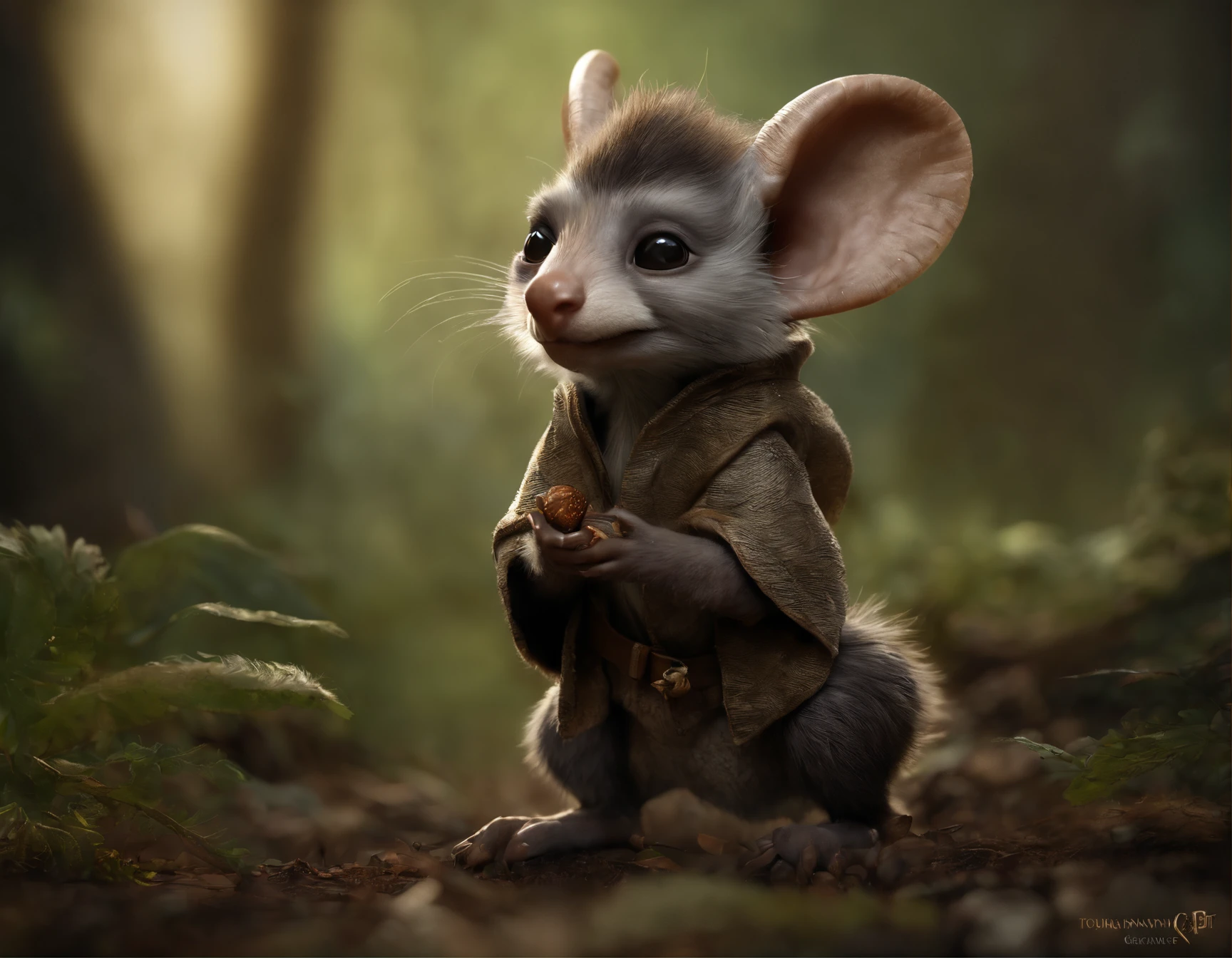 (CBZBB:1.25), ((gremlin),Zhkute, Small, baby, Beautiful, Fantasy art, deviant art, trending artstation, Digital Art, Detailed, Realistic, humanoid, character, tiny, Cinematic shot, cinematic portrait of a mole , gremlin, mole-like, bright silver and brown, long tail, large ears, covered with light silver fur, muzzle sticks out of hole, Best Quality, Masterpiece, in style of dark fantasy art, gremlin, mole-like, light silver fur, long tail, double nose, huge ears, covered with light silver fur,tousled, five toes on each paw, holding a huge acorn in his paws, I'm standing in a forest clearing under the foliage of bast., acorns lie in the clearing, acorns glow, Crickets fly, Best Quality, Masterpiece, in style of dark fantasy art, fantasy-inspired, in the style of John Tolkien,