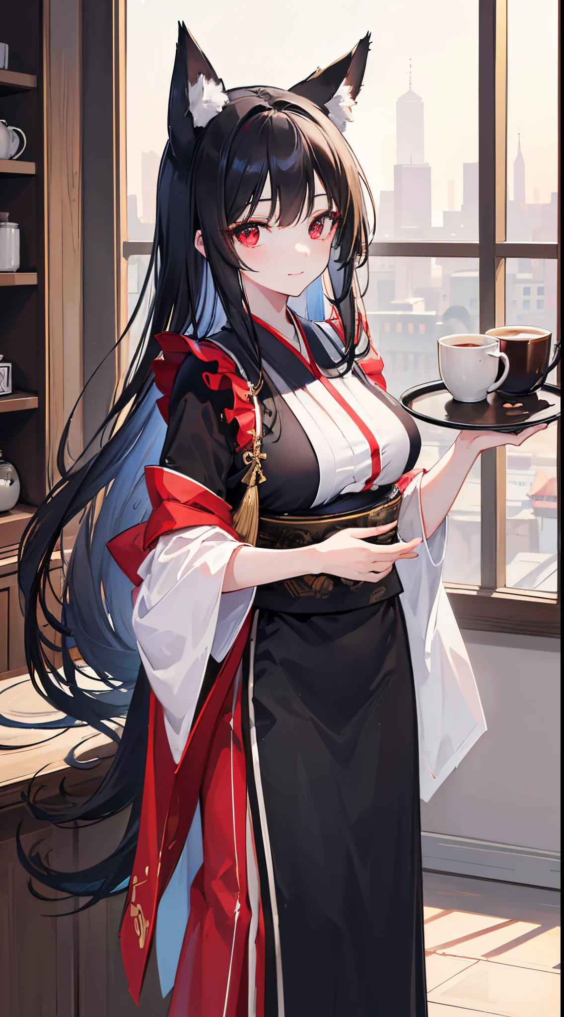 (8K、Top image quality、top-quality、​masterpiece)、1 girl in、Black hair long hair、Fox ears、red eyes、A slight smil、Moderately breasts、black kimono maid、white gloves、long skirt、cowboy  shot、Holding a tray、Coffee shop background