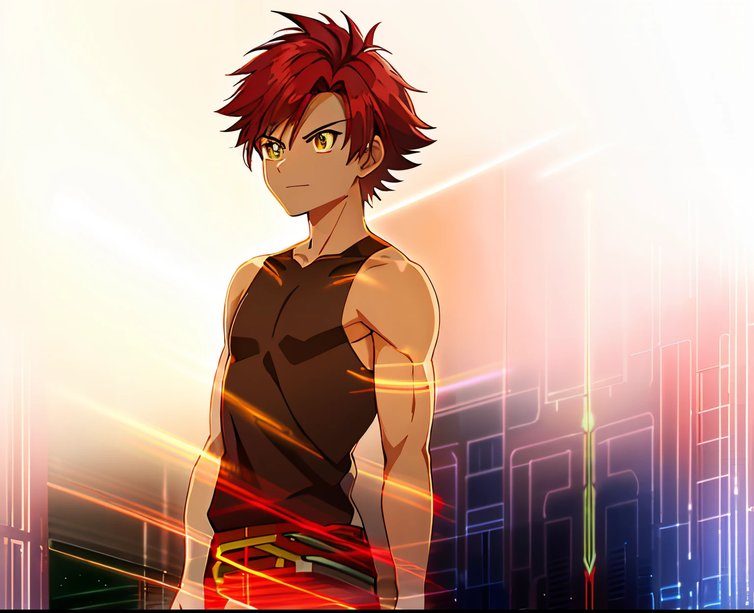 Anime Boy with Red Hair, male child, Classic Boy, Magical Boy Anime Mahou Shōnen, male child, Shonen romance, official fan art, Short red-haired boy with ponytail hair, Muscular men, masculine and muscular, (((((((no glow))))))), fanart, garments:Black tank top, Anime!!!!,