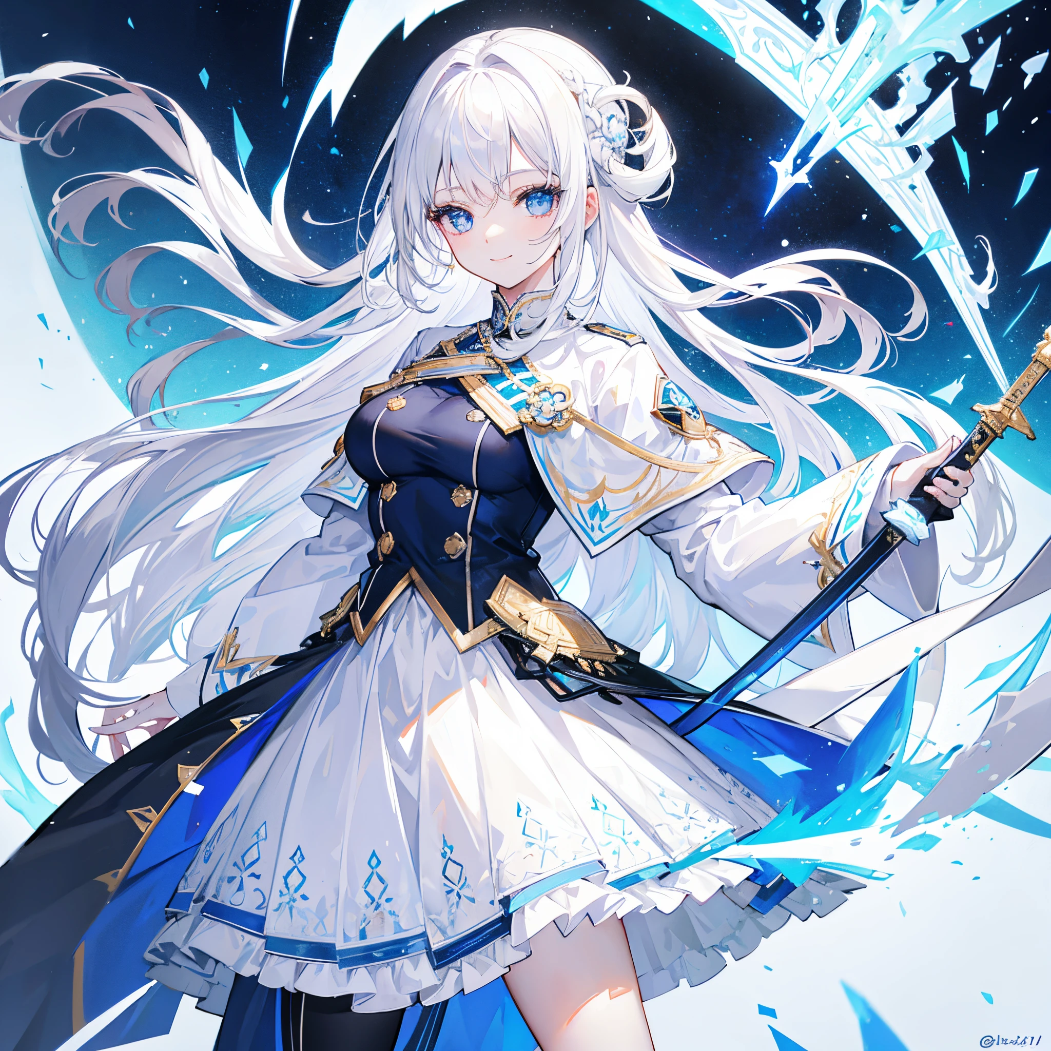 White hair, blue eyes, beautiful female, smile, white uniform, white cape, intricate skirt, black skirt, sword in right hand