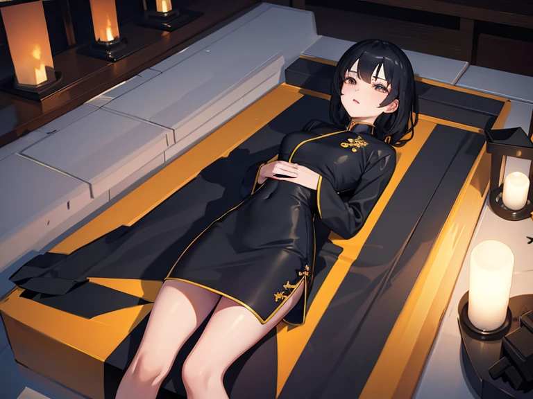 Girl wearing black cheongsam lies in coffin，Cemetery，