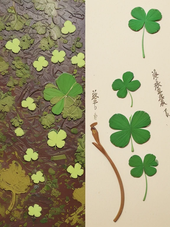 (Best quality at best, tmasterpiece, be full of details), There are a lot of four-leaf clovers,scattered and piled together,Many colors,oil painted,chinese paintings,Matcha brown, hyper HD,Four leaf clover with many details