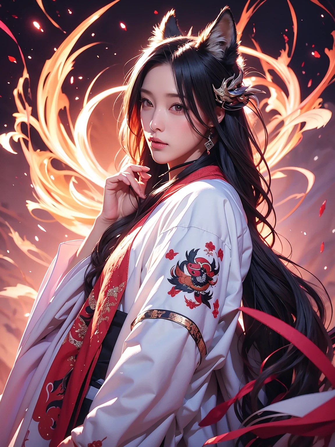 1girl in,Solo,, Official art, Unity 8k壁纸, ultra-detailliert, Beautiful and aesthetic, Beautiful, masutepiece, Best Quality,, Foxwich, Fox Mask, Haori jacket, Foxfire spells, Fox familiar, transformational,