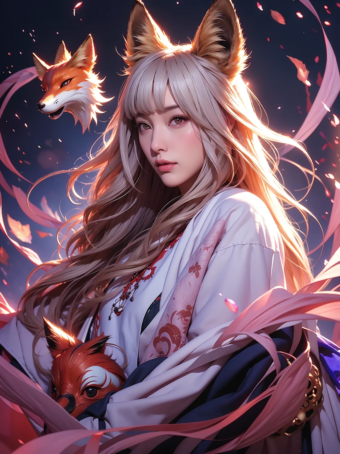 1girl in,Solo,, Official art, Unity 8k壁纸, ultra-detailliert, Beautiful and aesthetic, Beautiful, masutepiece, Best Quality,, Foxwich, Fox Mask, Haori jacket, Foxfire spells, Fox familiar, transformational,