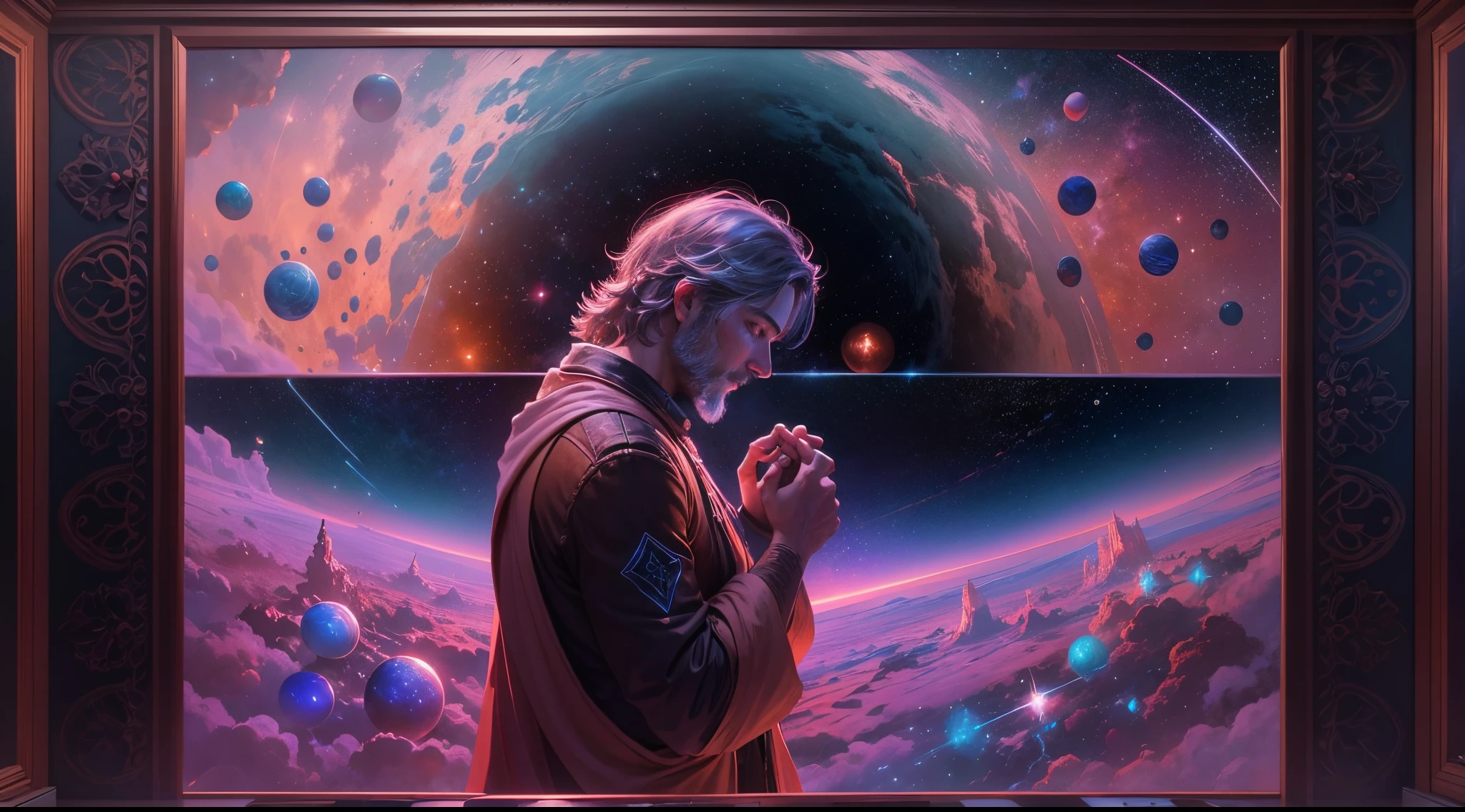 Imagine a spiritual representation where the mother, father and son are united, Holding hands, immersed in a spiritual existence with luminous tones predominant in red and blue. Esta cena linda e emocionante deve ser visualmente deslumbrante, with stunning detail in 8k resolution.
In the immensity of a starry night sky, com planetas, comets and an entire galaxy, visualizar realidades superiores e conceitos elevados, that transcends mathematics, filosofia, Arte e beleza. This acrylic painting, Capturado com uma lente de 35mm, It must be a cinematic masterpiece in 8k quality, inspirado no estilo marcante de Greg Rutkowski.
This image should not only dazzle visually, but they also evoke deep emotions and represent the exploration of higher ideas and concepts, offering an artistic and intellectual journey to those who contemplate it."