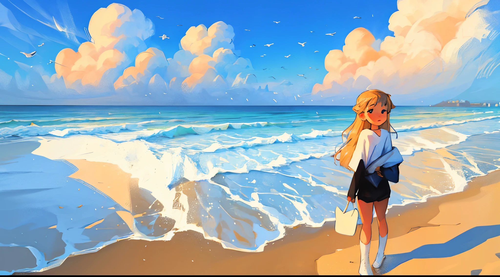 Healing, girl, beach, blue sky and white clouds. --ar 16:9 --chaos 51 --s 510 --niji 5