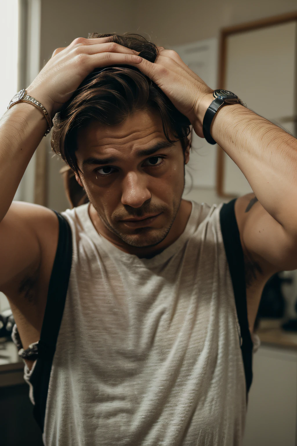 an ugly man worried looking his watch and scratching his hair, home background