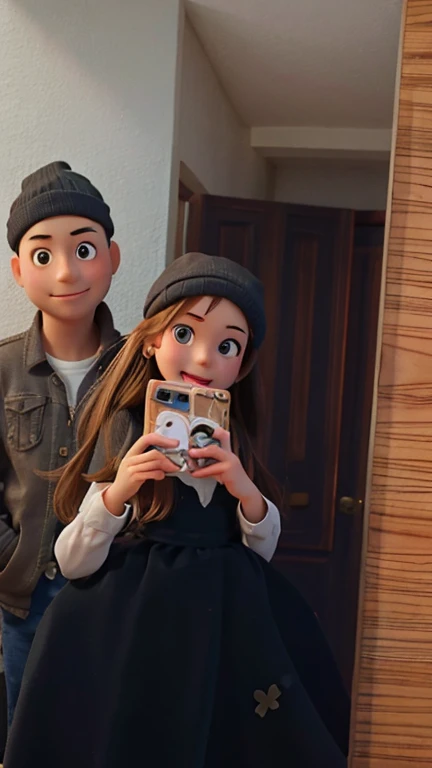 Make the boy and girl as pretty as possible., May they smile and be a couple., the scene is the boy in the back looking at the girl and the girl taking the photo in front, Keep in mind that the girl has black brunette hair, el escenario es un espejo con toques de madera