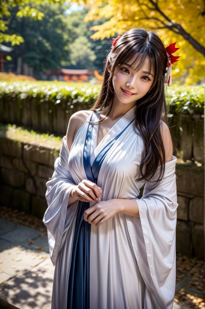 (masutepiece:1.3, Photorealsitic:1.4, 8K), top-quality, masterpiece, 超A high resolution, Professional camera work, Grow Light Effect, Realistic portrait, Cinematic Light, Perfect dynamic composition, Highly detailed skin and facial texture:1.3, The ultra-detailliert, A detailed eye, Detailed limbs, dawn of autumn, Precincts of the shrine:1.2, Autumn foliage scenery:1.2, 1girl in, Cute sexy 22 year old slim woman, Fair skin, ((Natural smile:0.9, Totally captivates you:1.0)), (Backshots, Calm pose), ((accurate shrine maiden costume)), ((voluptuous breasts:0.9)), (Beautiful blue eyes, Eyes that feel beautiful eros:0.85), Sexy face:0.4, (A mouthfeel that feels beautiful eros:0.85), ((Too cute beauty:0.9))