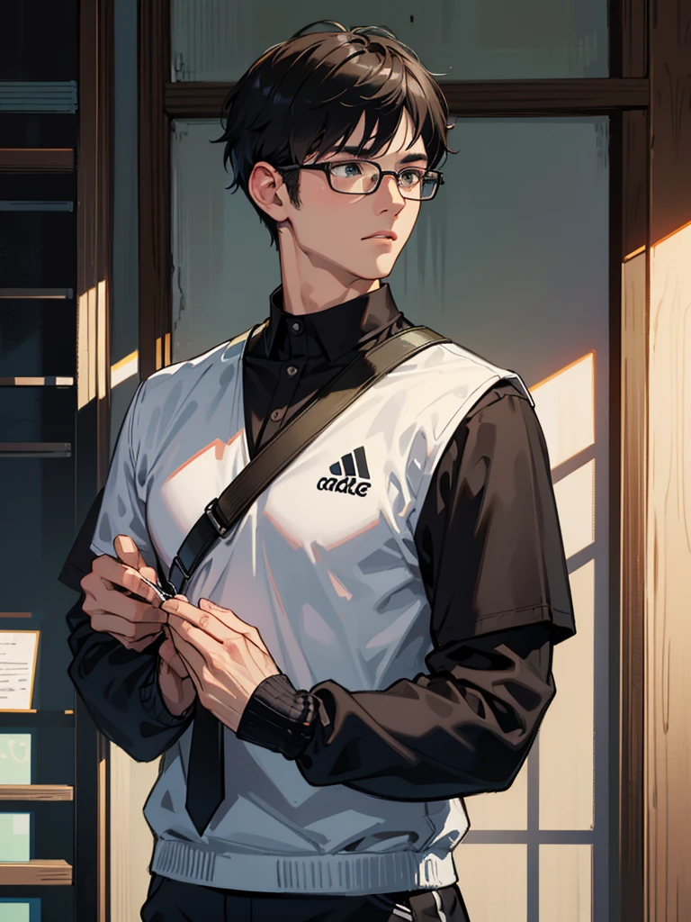 upper body, 1 adult man, Athletic Body, black short hair is all back, glasses, masterpiece, beautiful detailed grow, ultra high res.