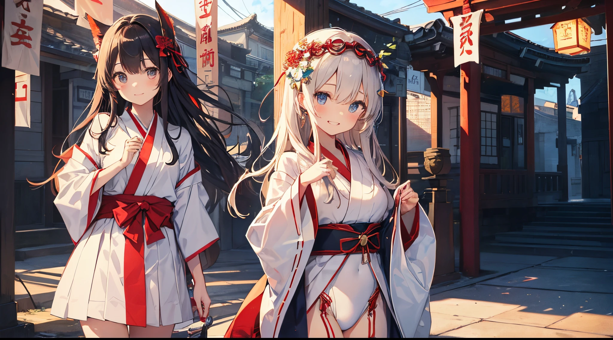 ((2D beautiful girl、top-quality、perfect finger 14、Perfect Anatomy 1.4、extremely delicate and beautiful illustration))、cute petit girl、(transform sequence)、Blur the background、((white shrine maiden leotard、red decoration))、14years、a junior high school student、Fractal Art、baby-face、((stright long hair))、beatiful detailed eyes、Show your teeth and give your best smile、Full Body Display、(1 persons)、blue open sky、majestic shrine、pretty headband、Canine ears、is standing、
