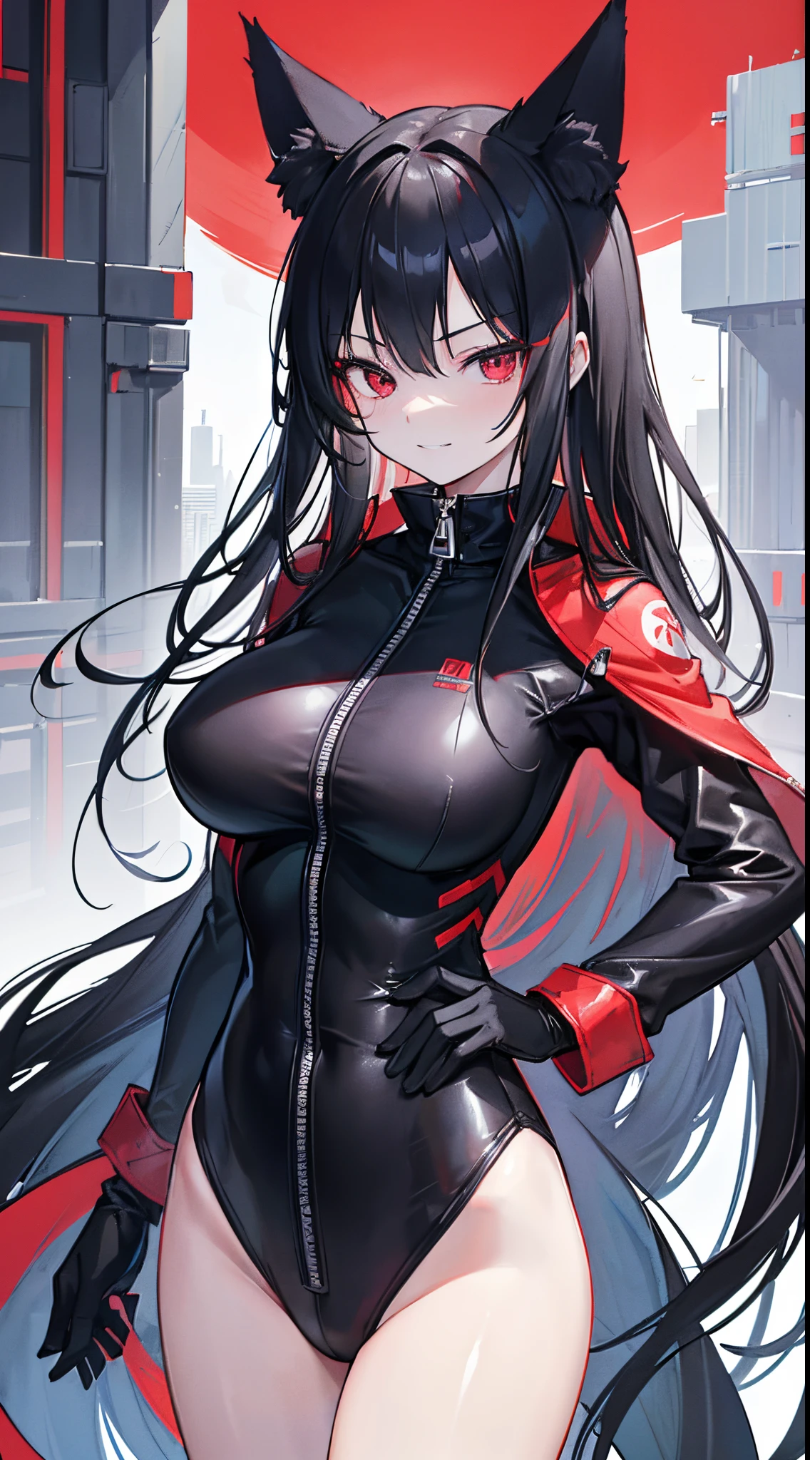 (8K、Top image quality、top-quality、​masterpiece)、1 girl in、Black hair long hair、Fox ears、red eyes、smirk grin、large full breasts、(black spysuit)、zipper、Put your hands on your hips、Taken from above、natta、highrise buildings、On the rooftop、looking-down