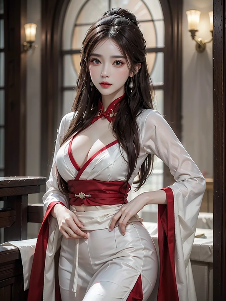 photorealistic, high resolution, 1 women, solo, hips up, beautiful eyes, long hair, red wedding hanfu, red dot on forehead chinese, gorgeous accessories, wearing pearl earrings