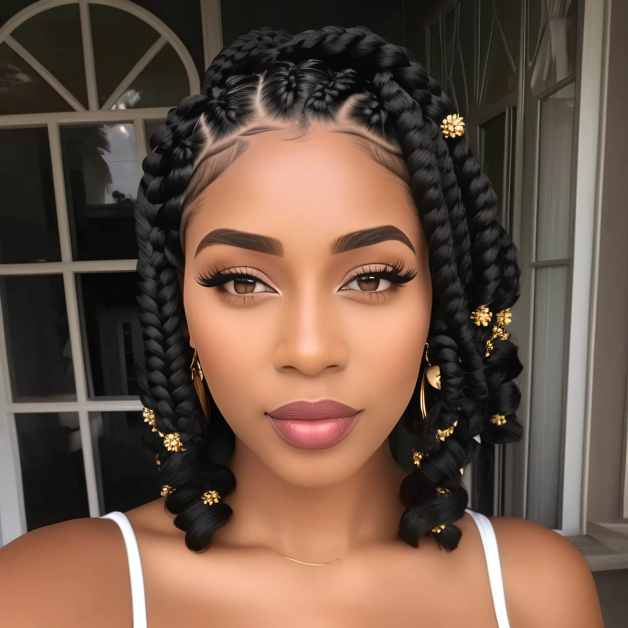 a close up of a woman with a white top and black hair, black hair in braids, box braids, traditional female hairstyles, twisted braids, long black braids, cornrows braids, braids in hair, elegant fantasy style braids, short pigtails hair, short braided curly blonde hair, with textured hair and skin, braid hairstyle, black bob haircut, white braids, realism, realistic face, beautiful eyelashes, carved eyebrow