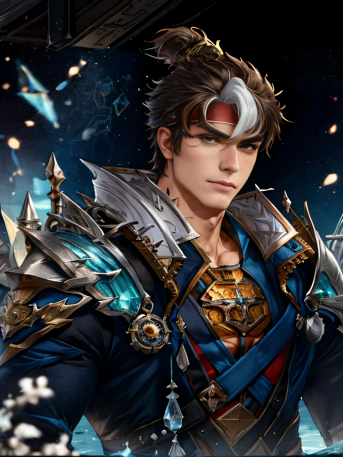 (Complicated details, tmasterpiece, Best quality, A high resolution, 8K), (1人), (male people:1.2), Handsome，mature, Playboy face, The details of the eyes and face are very delicate, tonedbody, masculine appeal, Condescending, Hot studs, Biceps and triceps bulge, Well-developed quadriceps and hamstrings, light skinned, Burgundy layered straight bangs, Aquamarine eyes,  ornate detail,  sporty attire, Alone, half shot, looking-down, detailedbackground, Detailed faces, (kogpankai, gear punk theme:1.1),  Tech Mage,   [magia|technologies], The fusion of magic and advanced technology,  iintricate [Spell casting clothes|Mechanical gears], Gear-shaped glyph,  ancient crystal,  [gear wheel|ancient curse],  Floating particles,  [Innovative|enchanting] The halo, High-tech vehicle in the background,   , Meticulous background, depth of fields, vfx