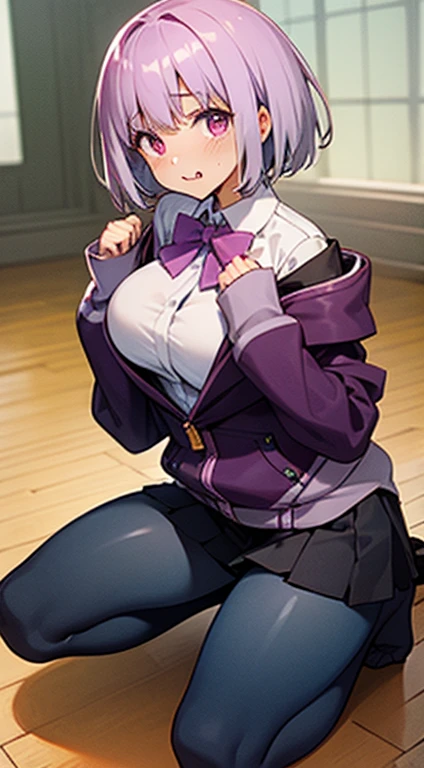 akaneshinjou, shinjou akane, light purple hair, (pink eyes:1.2), short hair,
BREAK black pantyhose, bow, collared shirt, hood, hooded jacket, jacket, open clothes, open jacket, open shirt, pantyhose, purple bow, purple jacket, school uniform, shirt, sleeves past wrists, unbuttoned shirt, white shirt,,
BREAK indoors, city,
BREAK looking at viewer, BREAK (masterpiece:1.2), best quality, high resolution, unity 8k wallpaper, (illustration:0.8), (beautiful detailed eyes:1.6), extremely detailed face, perfect lighting, extremely detailed CG, (perfect hands, perfect anatomy),(legs wide open), squatting, (wide open crotch), (face wide open), (tears), (scary face), (drooling), (hands raised behind the head) , (chained all over the body), leather bangles, leather collars, bare feet, (a large amount of used condoms scattered on the floor),