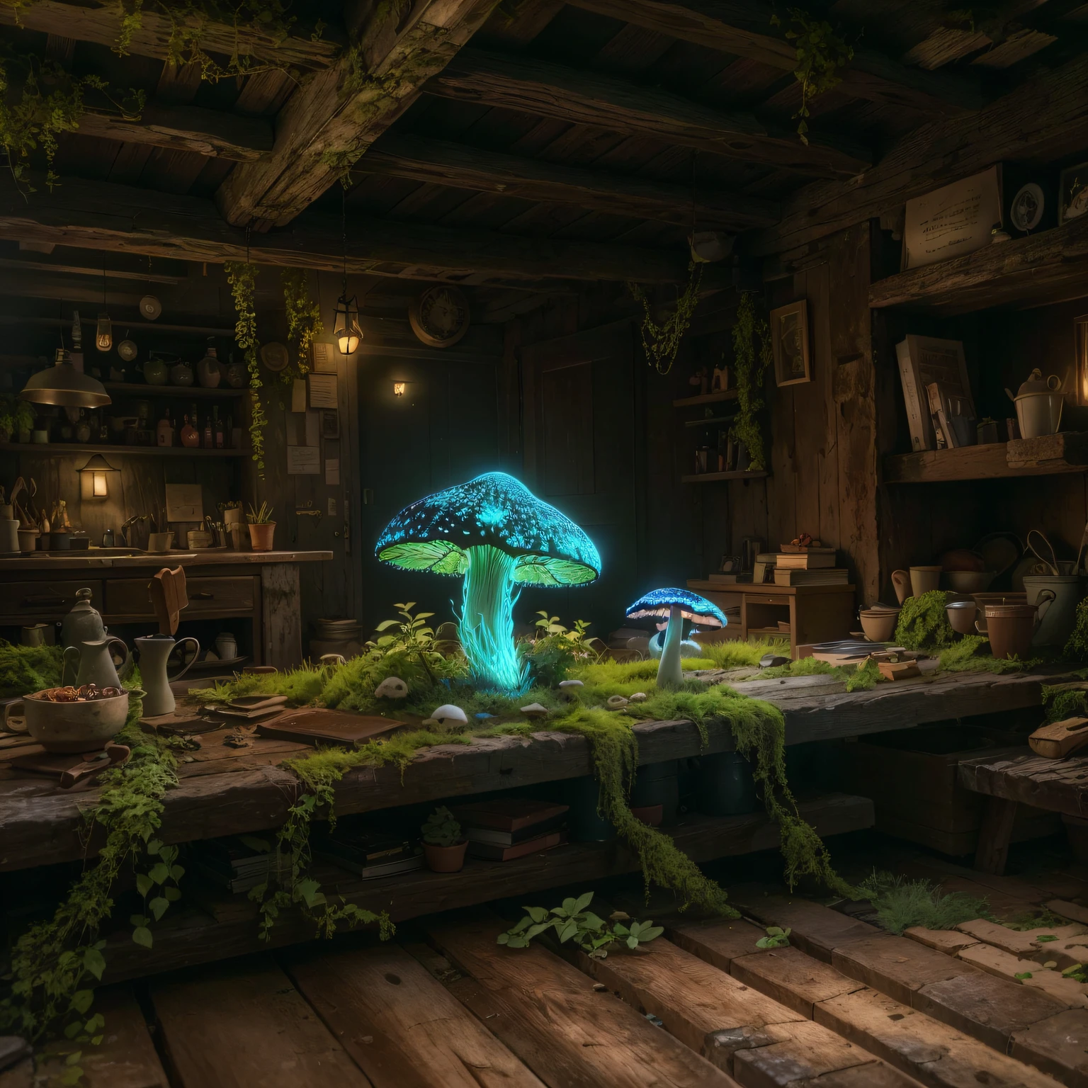 Bioluminescent mushrooms covered with moss and ivy on a wooden table in an old wooden house,whimsically,Beautiful weathered wood beams and floors,magical ambiance,Evoke feelings of nostalgia and wonder。(Best quality at best,A high resolution,tmasterpiece:1.2),ultra - detailed,(actual:1.37).