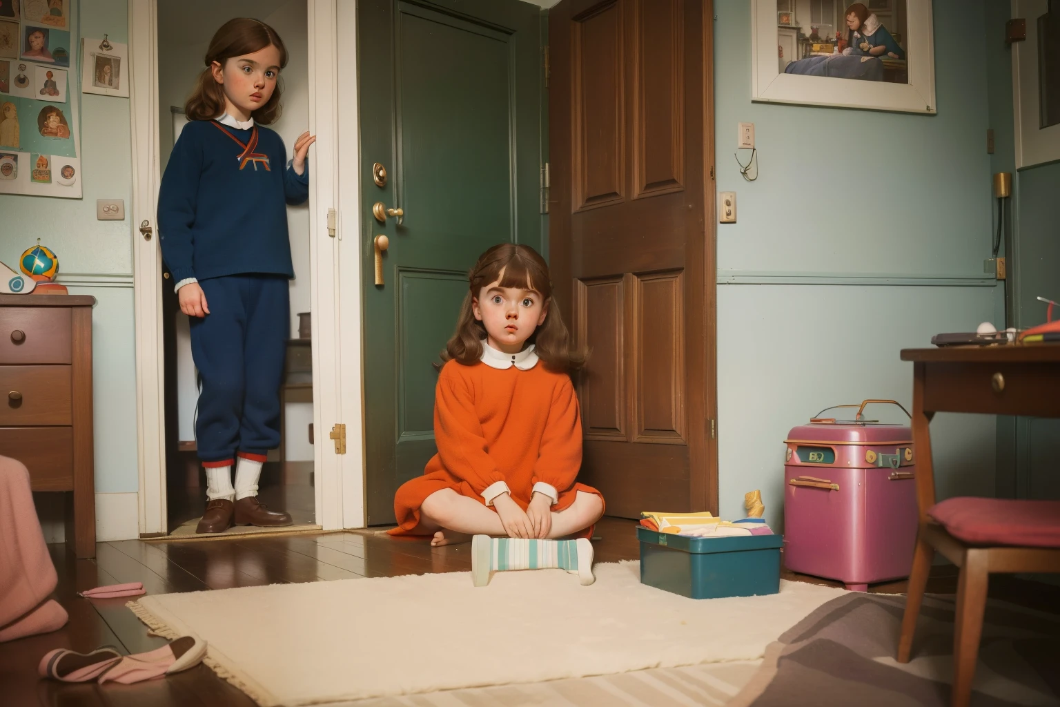 1967, England. ((wide view)). Pre-raphaelite 11-year-old norwegian-irish girl, hiding in a messy room, blocked door, little kids, (((scared))), ((((casual clothing from the 1960s)))), ((Hairstyle of the 1960s)), ((Wes Anderson cinematic style)), colorful