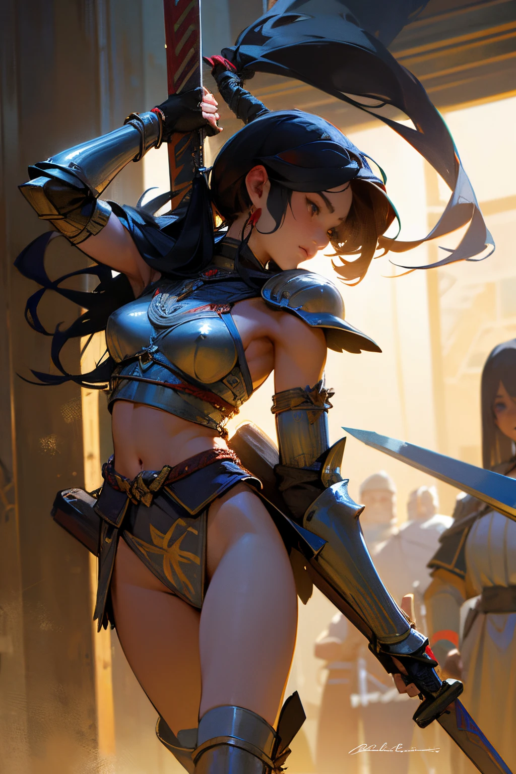 hight resolution, A hyper-realistic, Beautiful ancient warrior woman in skimpy armor with a sword carrying a bloody head of a troll